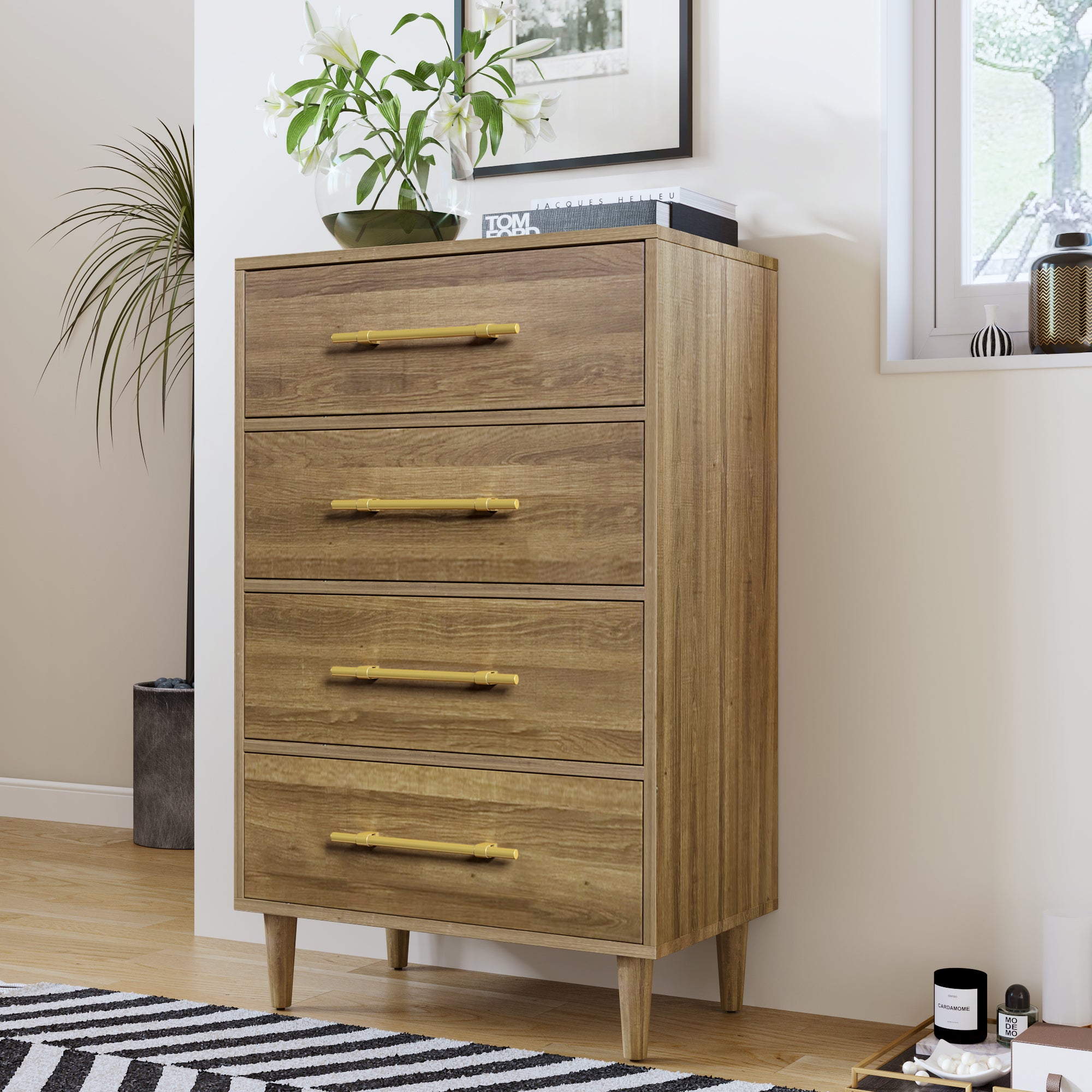 4 Drawers 30" W Wood Chest in Natural Walnut