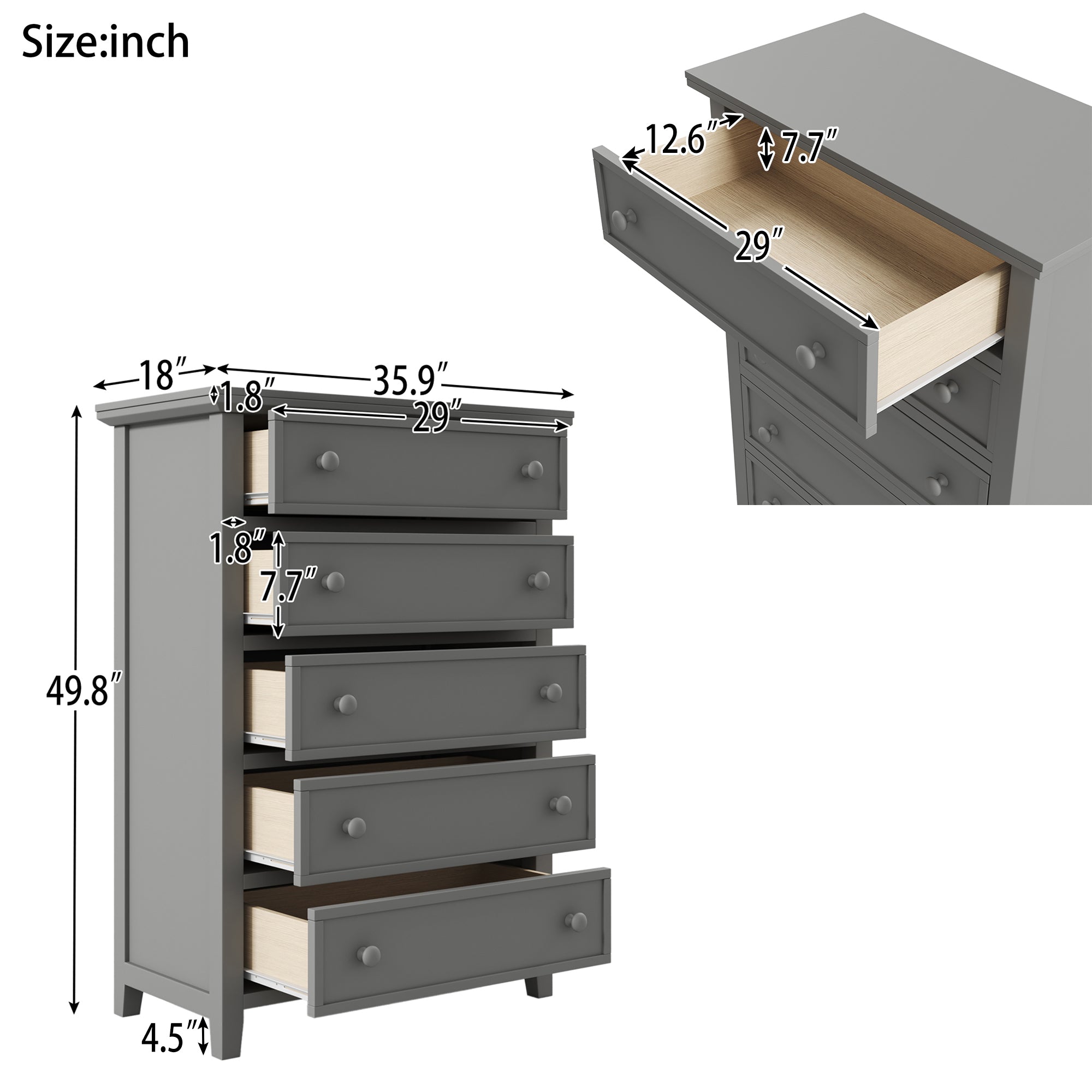 5-Drawer 36" W Solid Wood Chest in Gray