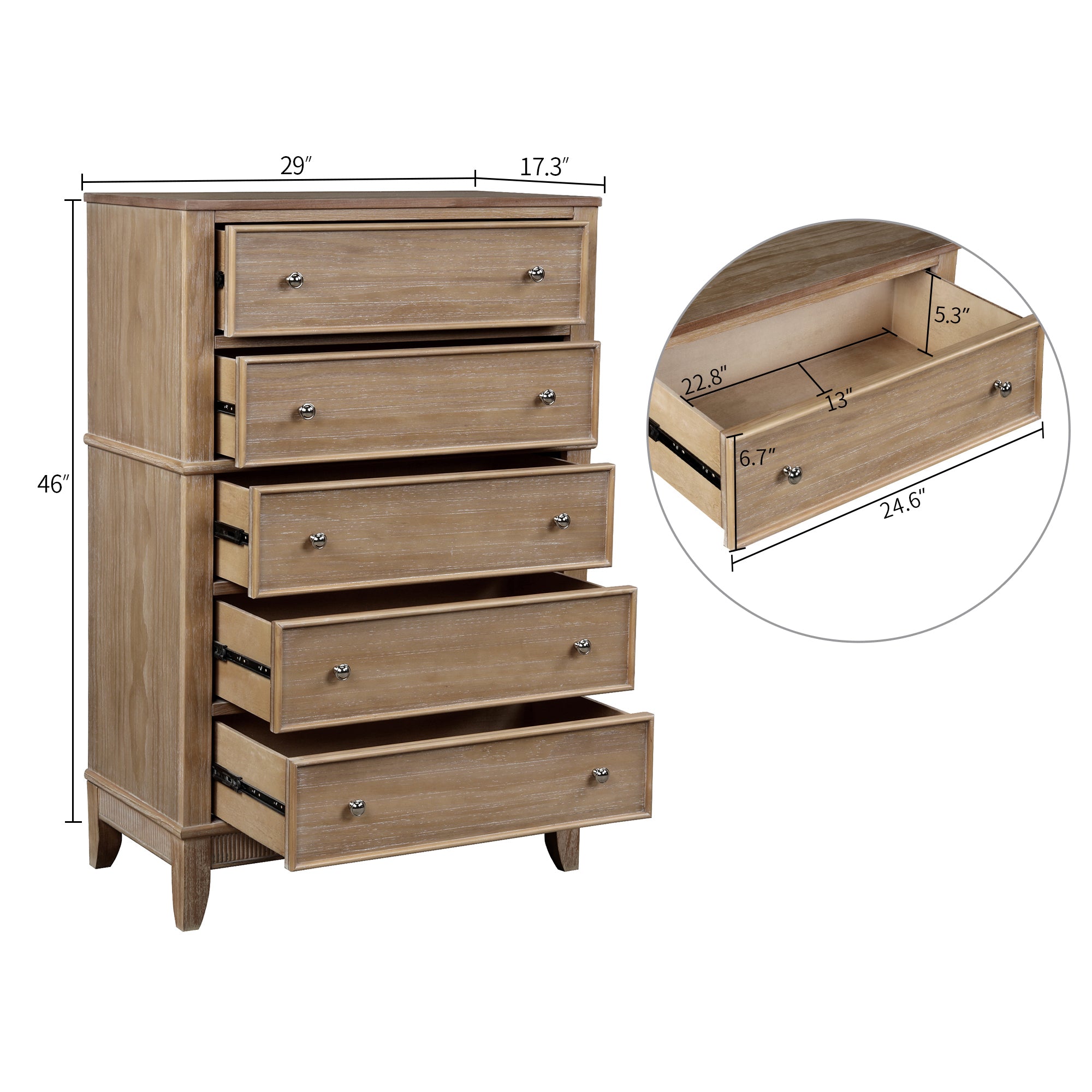 5-Drawer 29" W Solid Wood Chest in Natural