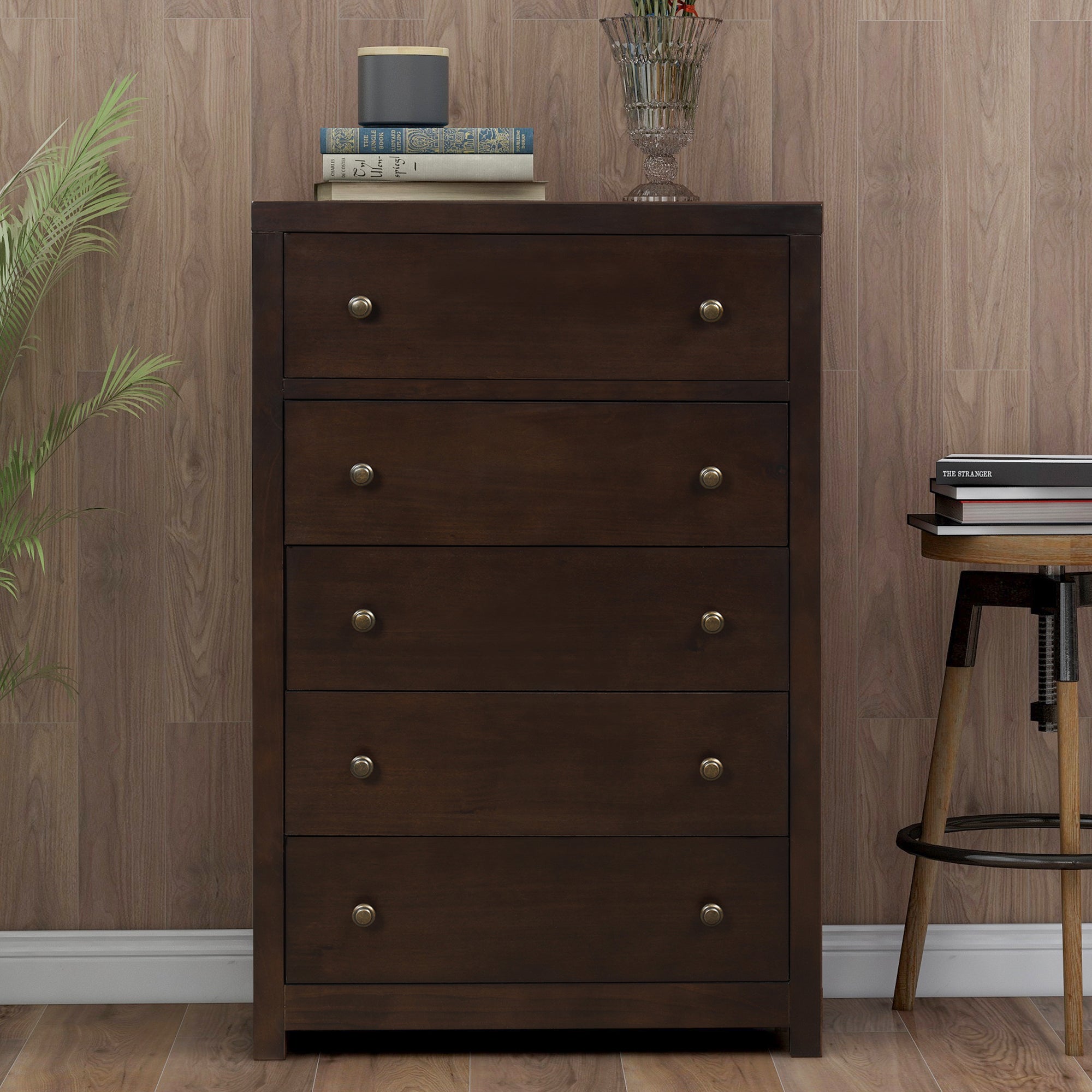 5-Drawer 29" W Solid Wood Chest in Dark Walnut
