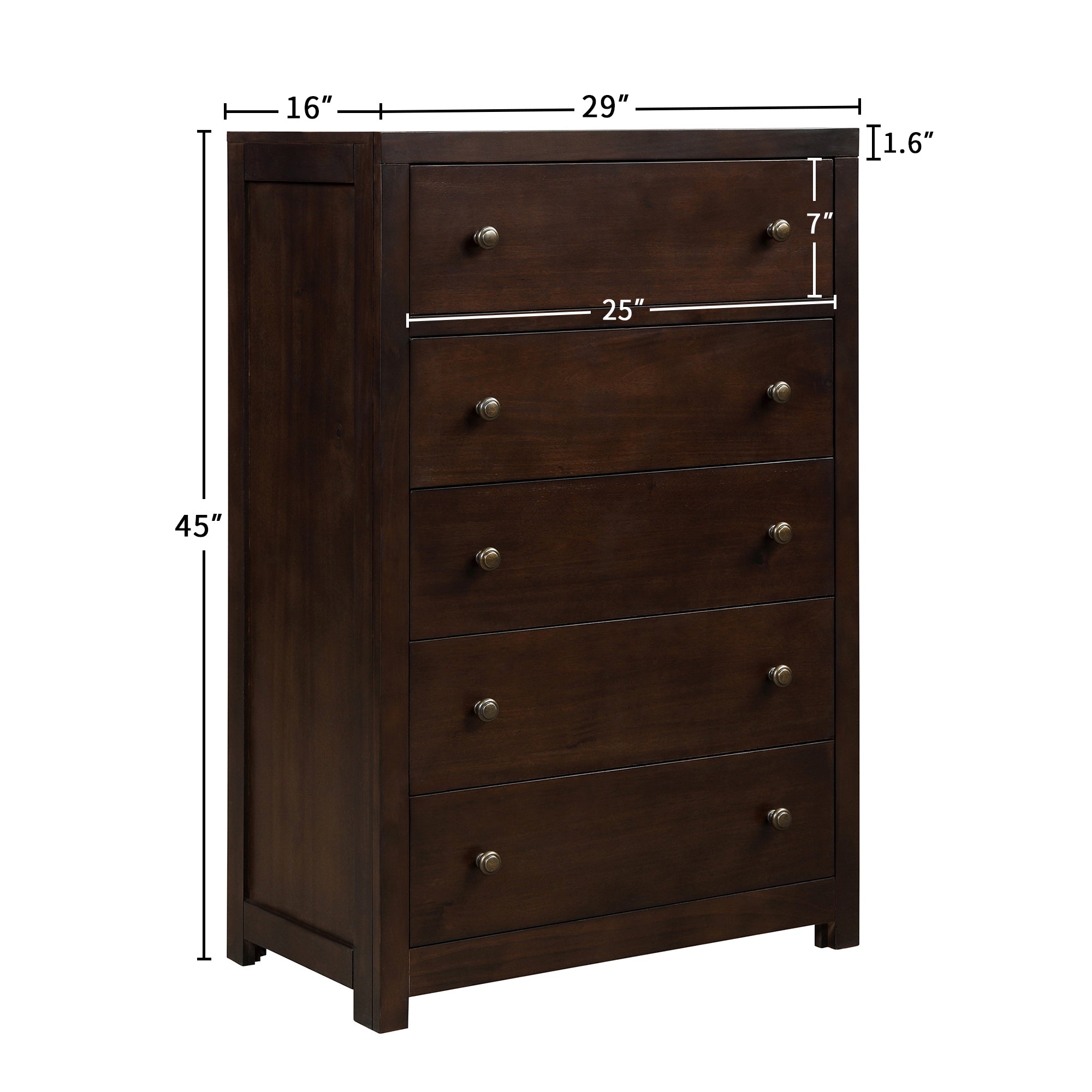 5-Drawer 29" W Solid Wood Chest in Dark Walnut