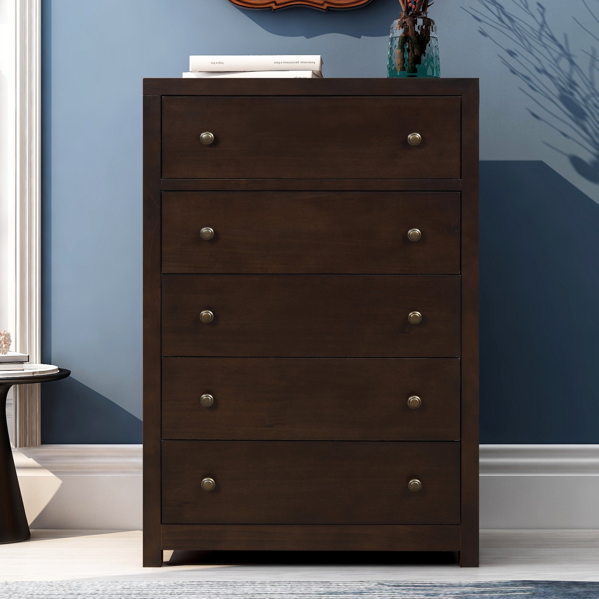 5-Drawer 29" W Solid Wood Chest in Dark Walnut