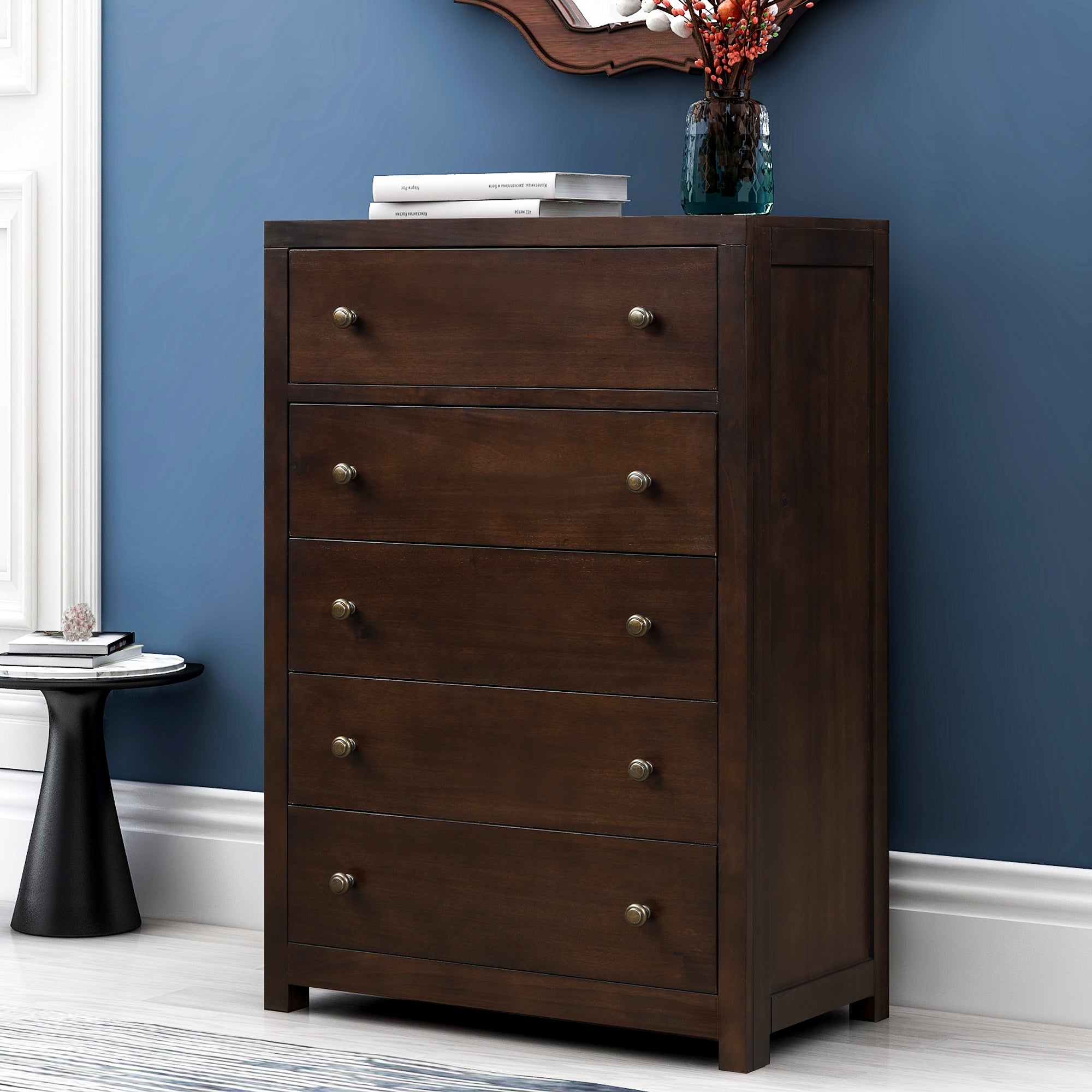 5-Drawer 29" W Solid Wood Chest in Dark Walnut