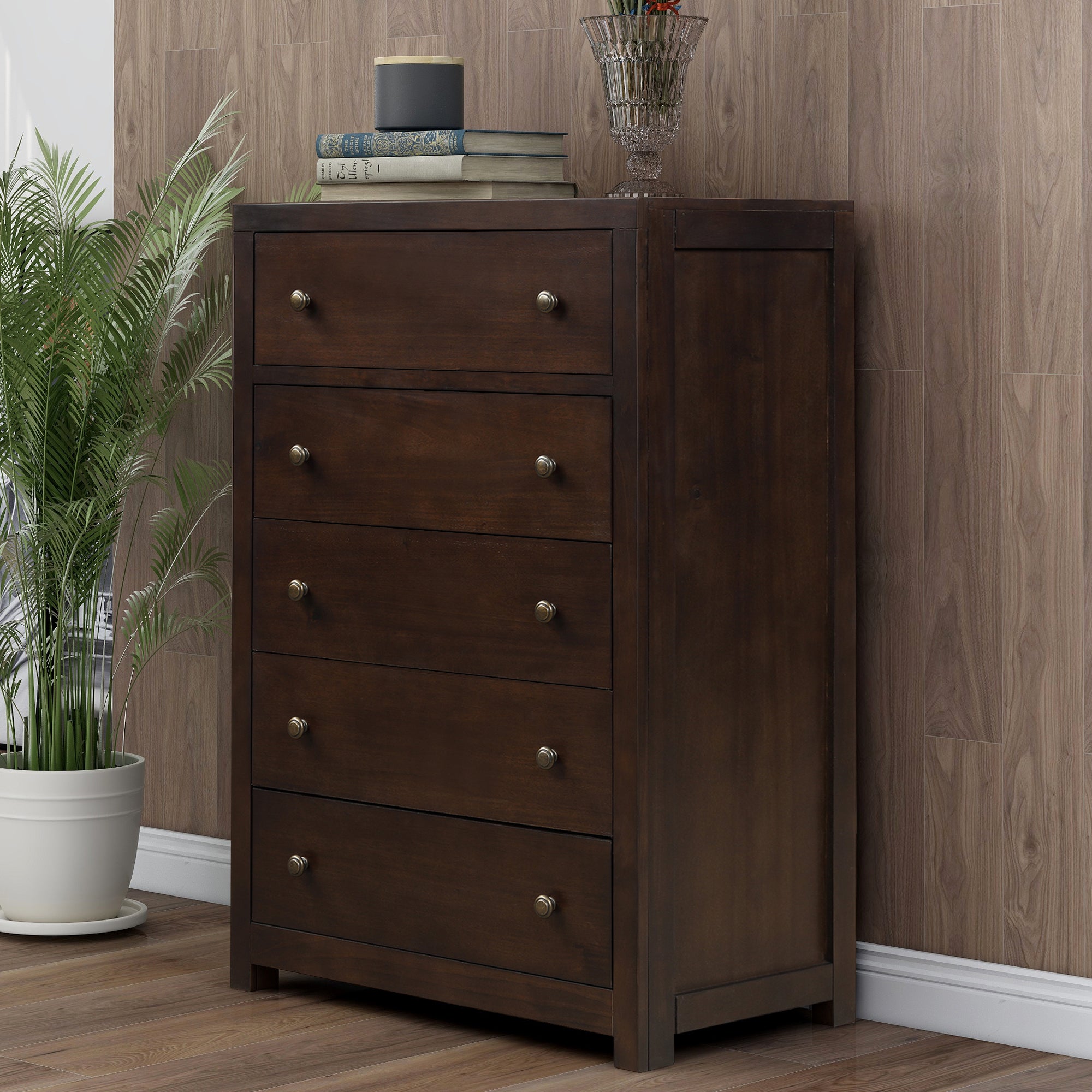 5-Drawer 29" W Solid Wood Chest in Dark Walnut