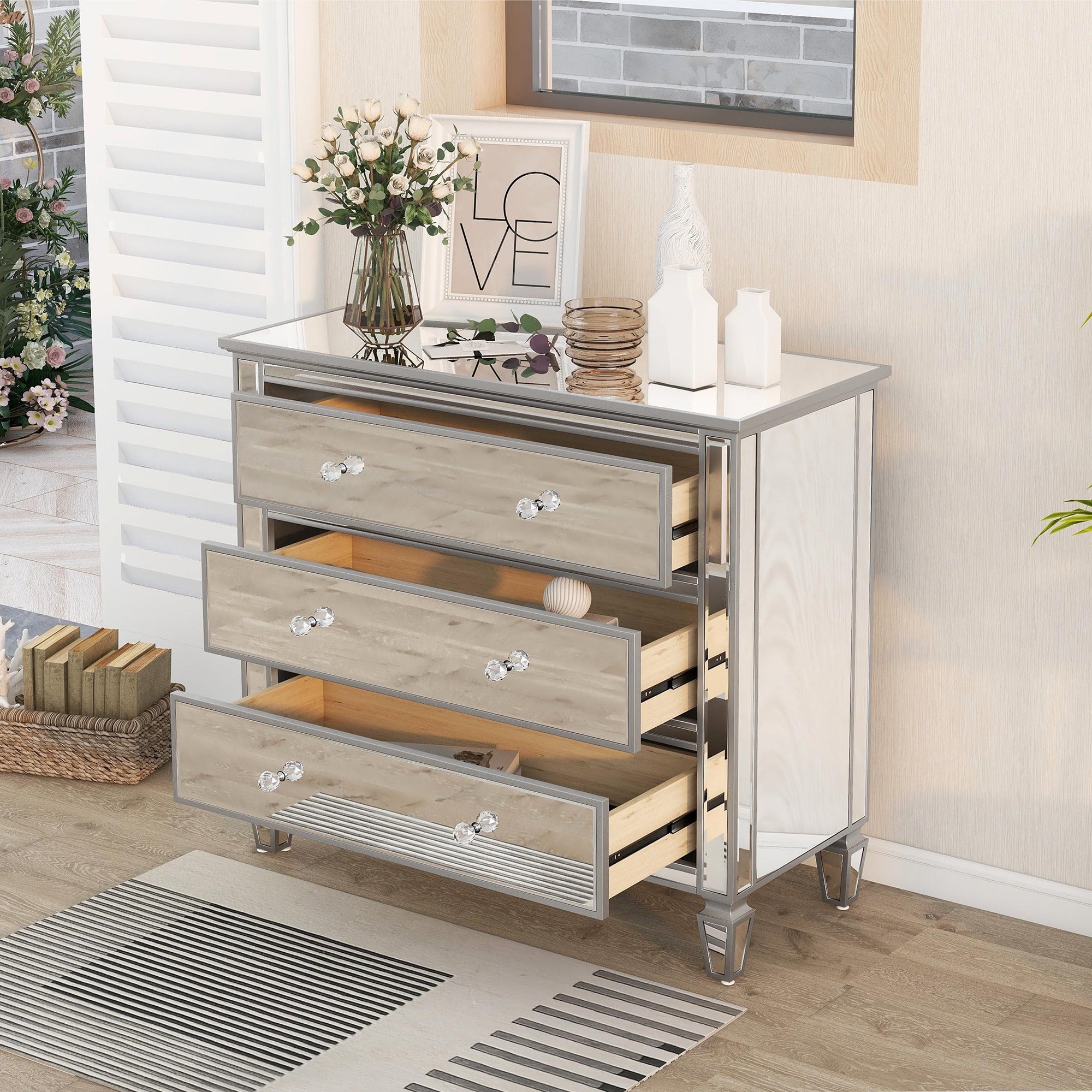 3-Drawer 40" W Wood Bachelors Chest in Silver