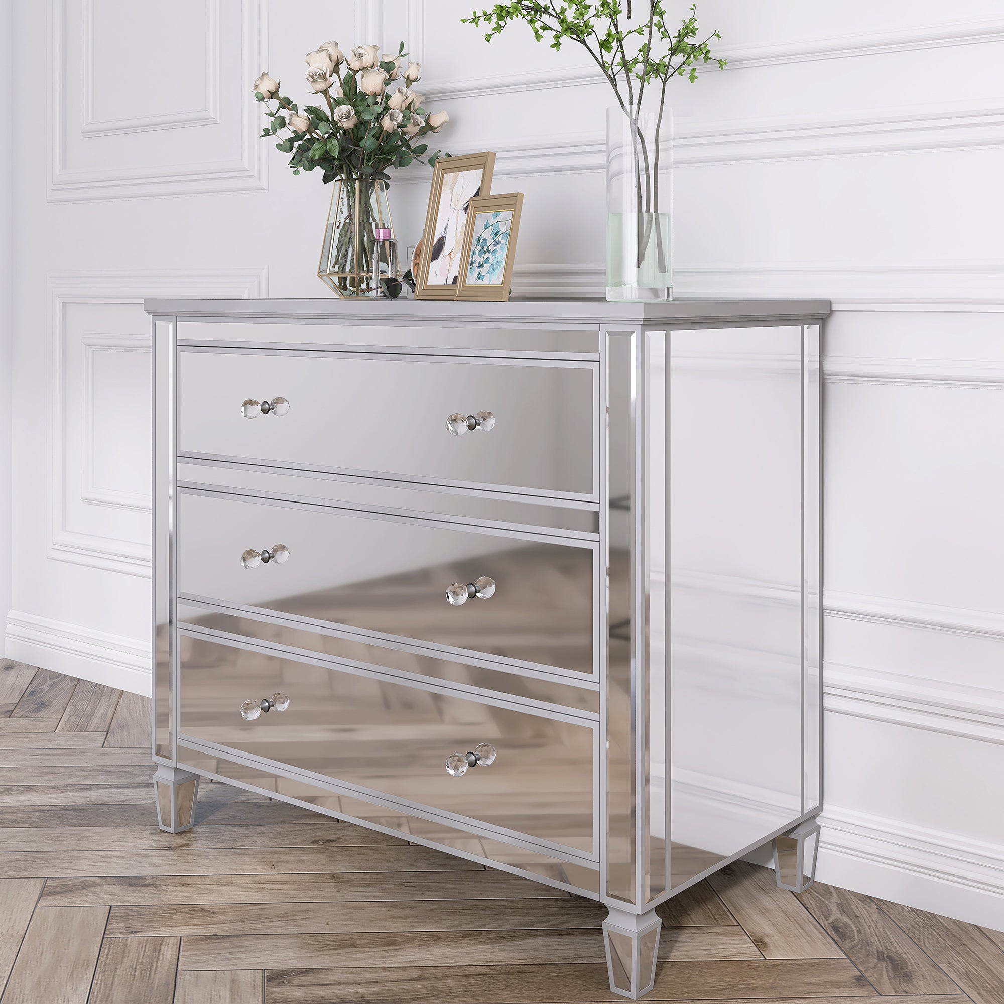 3-Drawer 40" W Wood Bachelors Chest in Silver