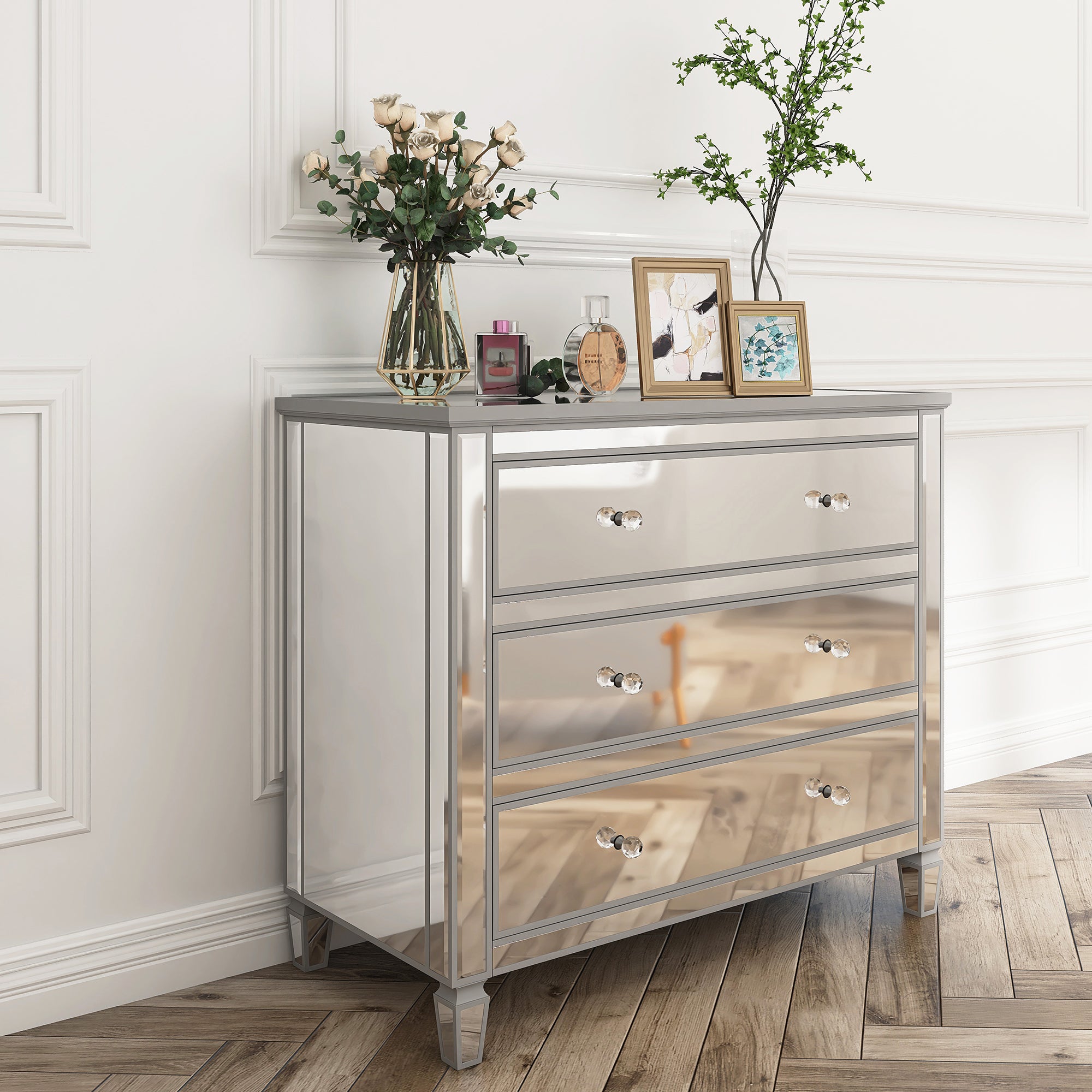 3-Drawer 40" W Wood Bachelors Chest in Silver
