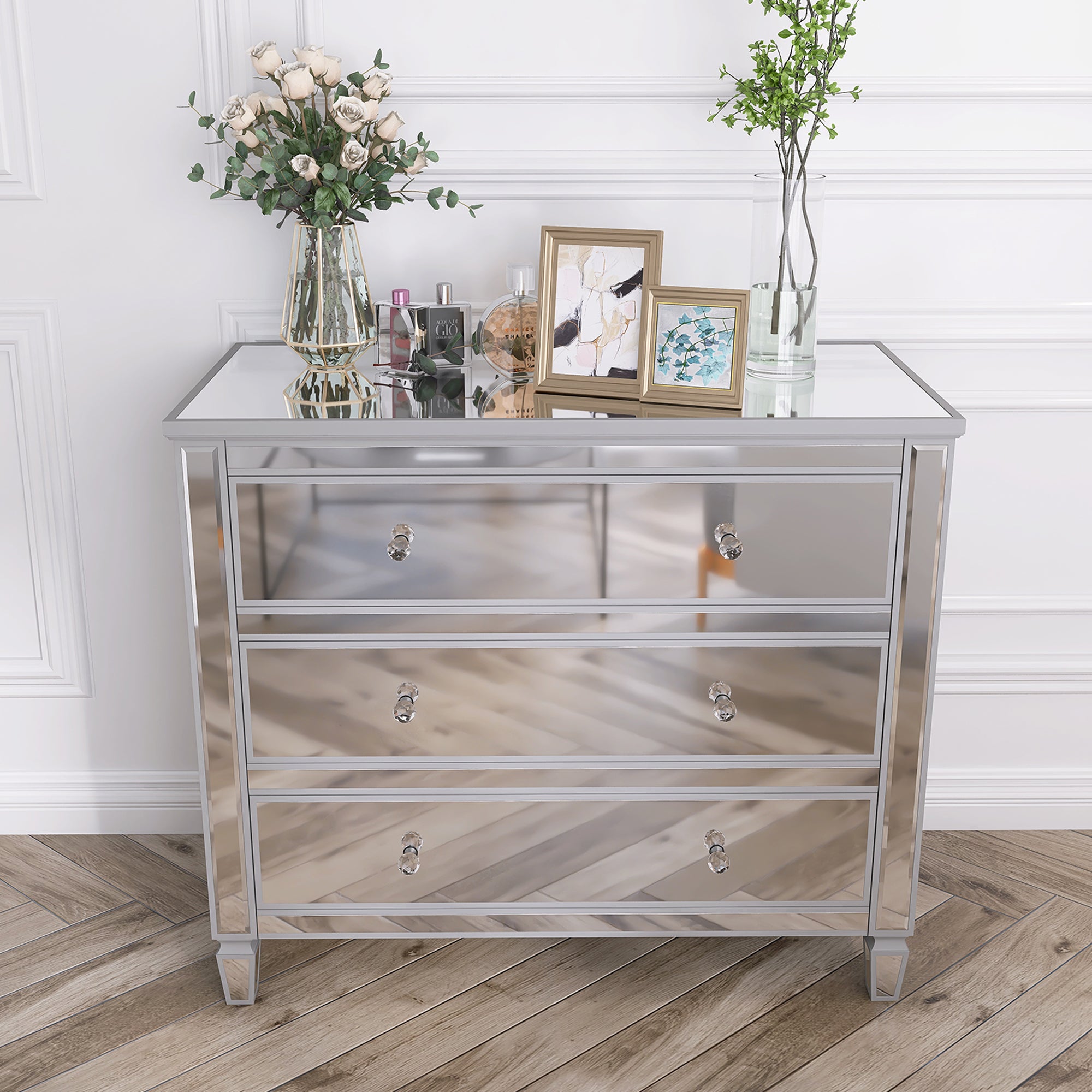 3-Drawer 40" W Wood Bachelors Chest in Silver