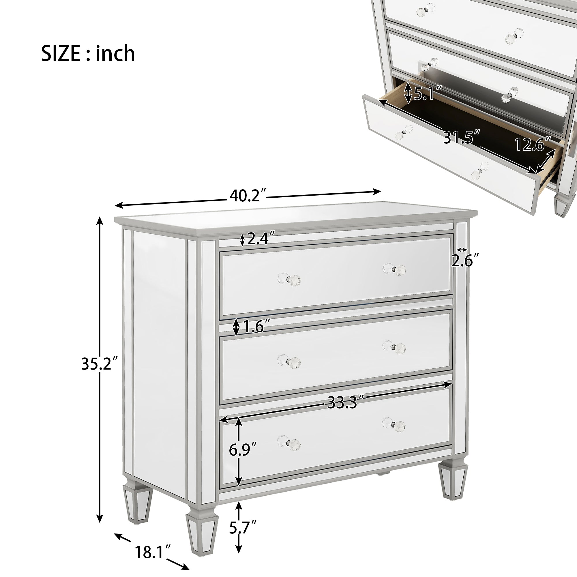3-Drawer 40" W Wood Bachelors Chest in Silver