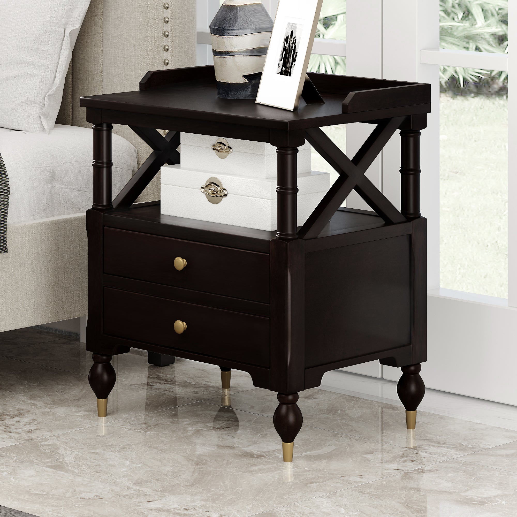 2-Drawer Solid Wood Nightstand with Open Shlef