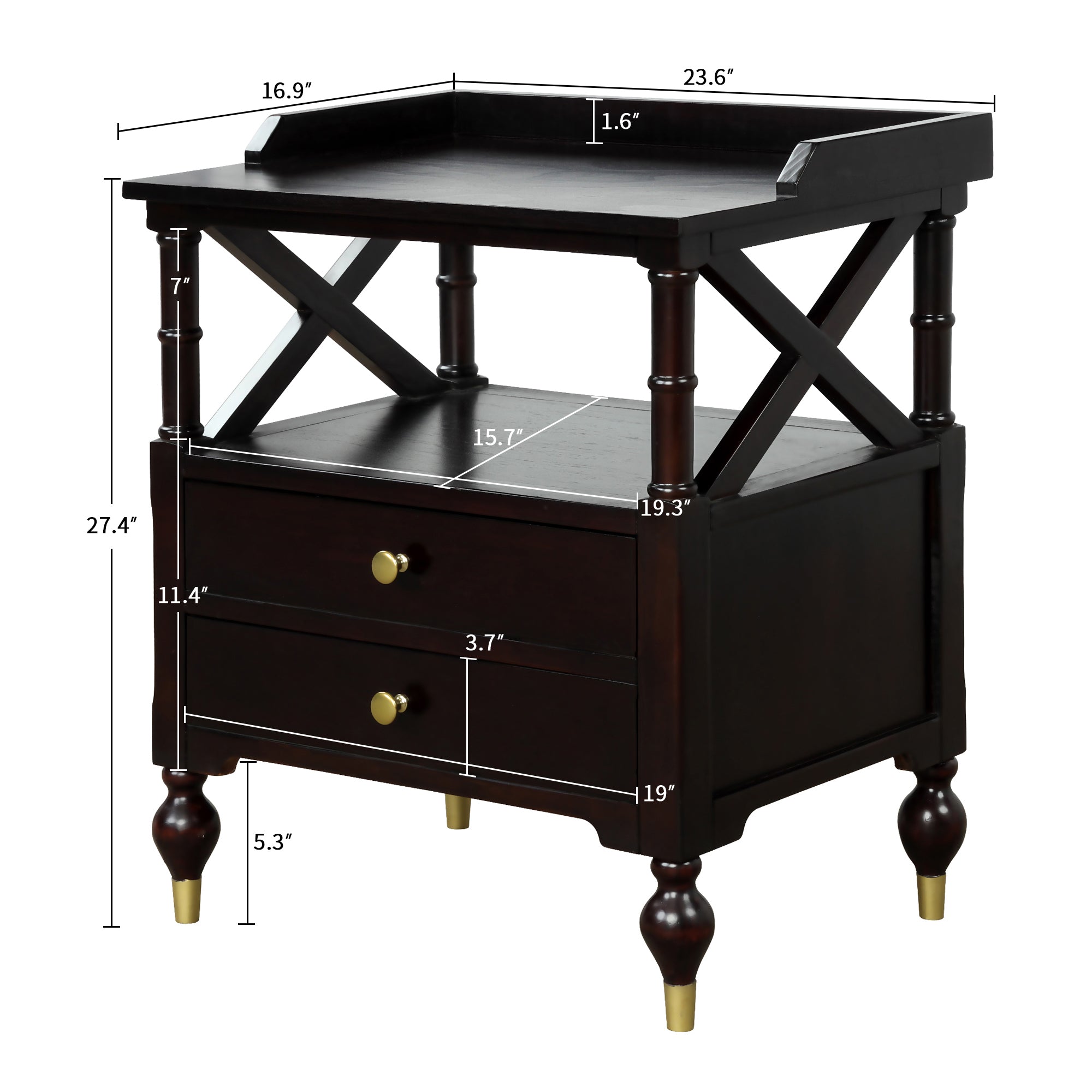 2-Drawer Solid Wood Nightstand with Open Shlef
