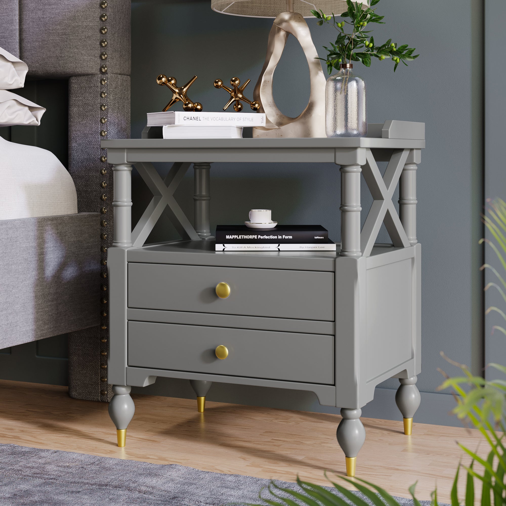 2-Drawer Solid Wood Nightstand with Open Shlef