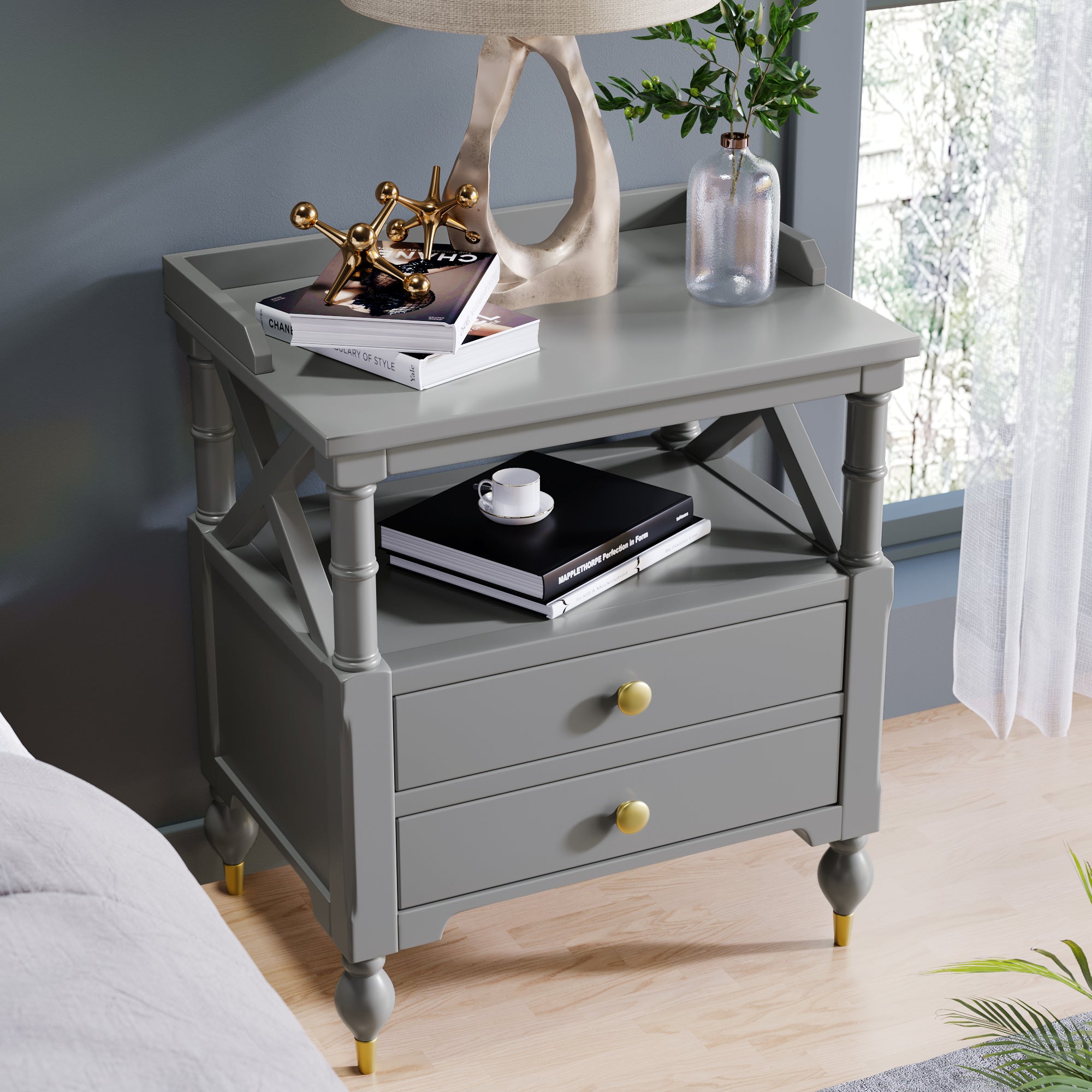2-Drawer Solid Wood Nightstand with Open Shlef