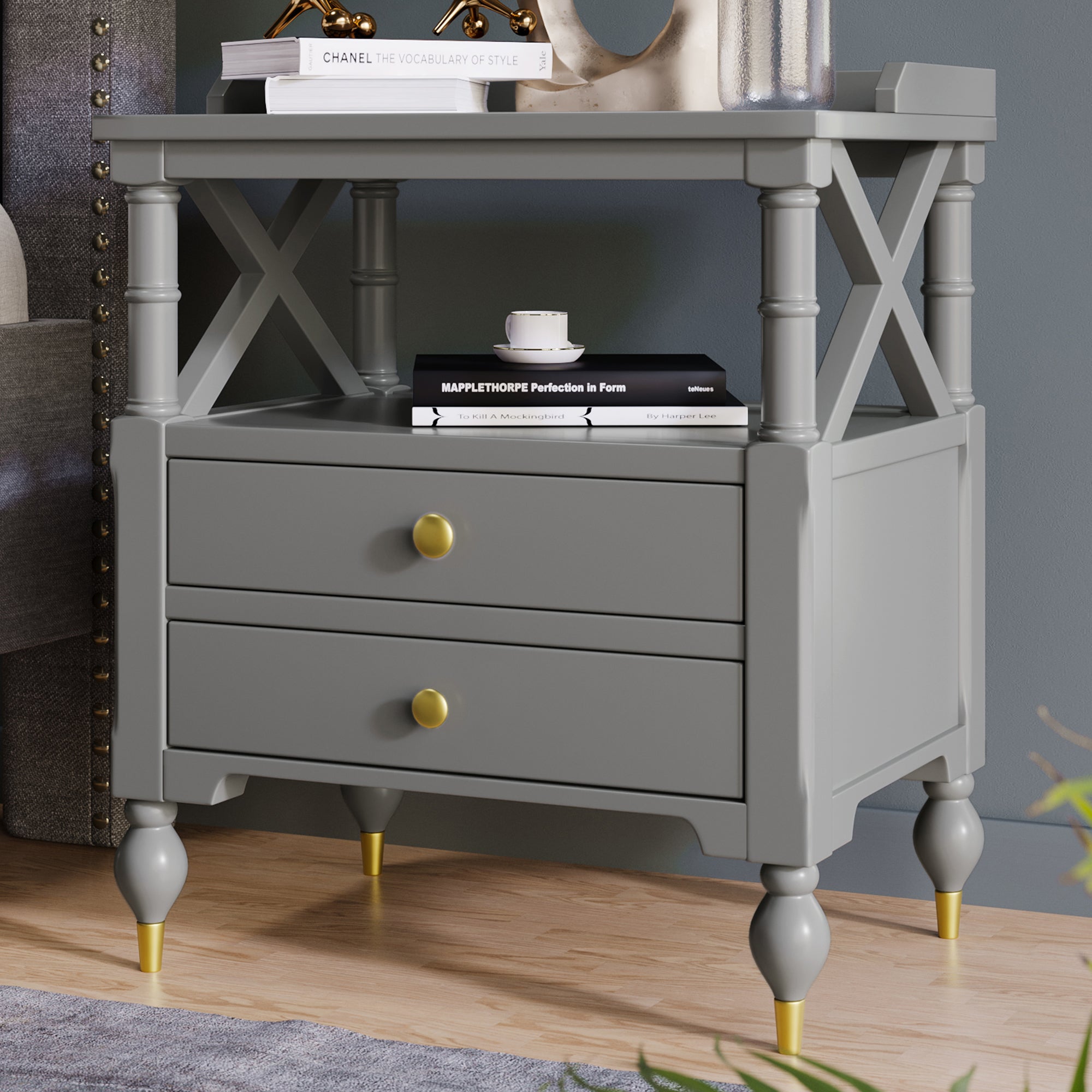 2-Drawer Solid Wood Nightstand with Open Shlef