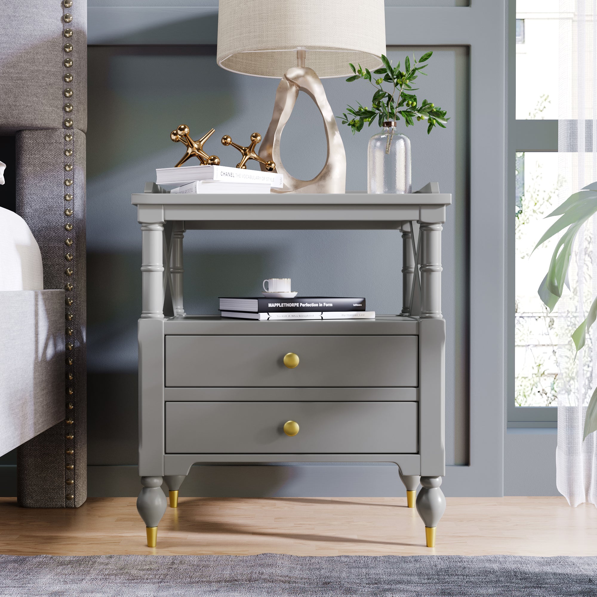 2-Drawer Solid Wood Nightstand with Open Shlef