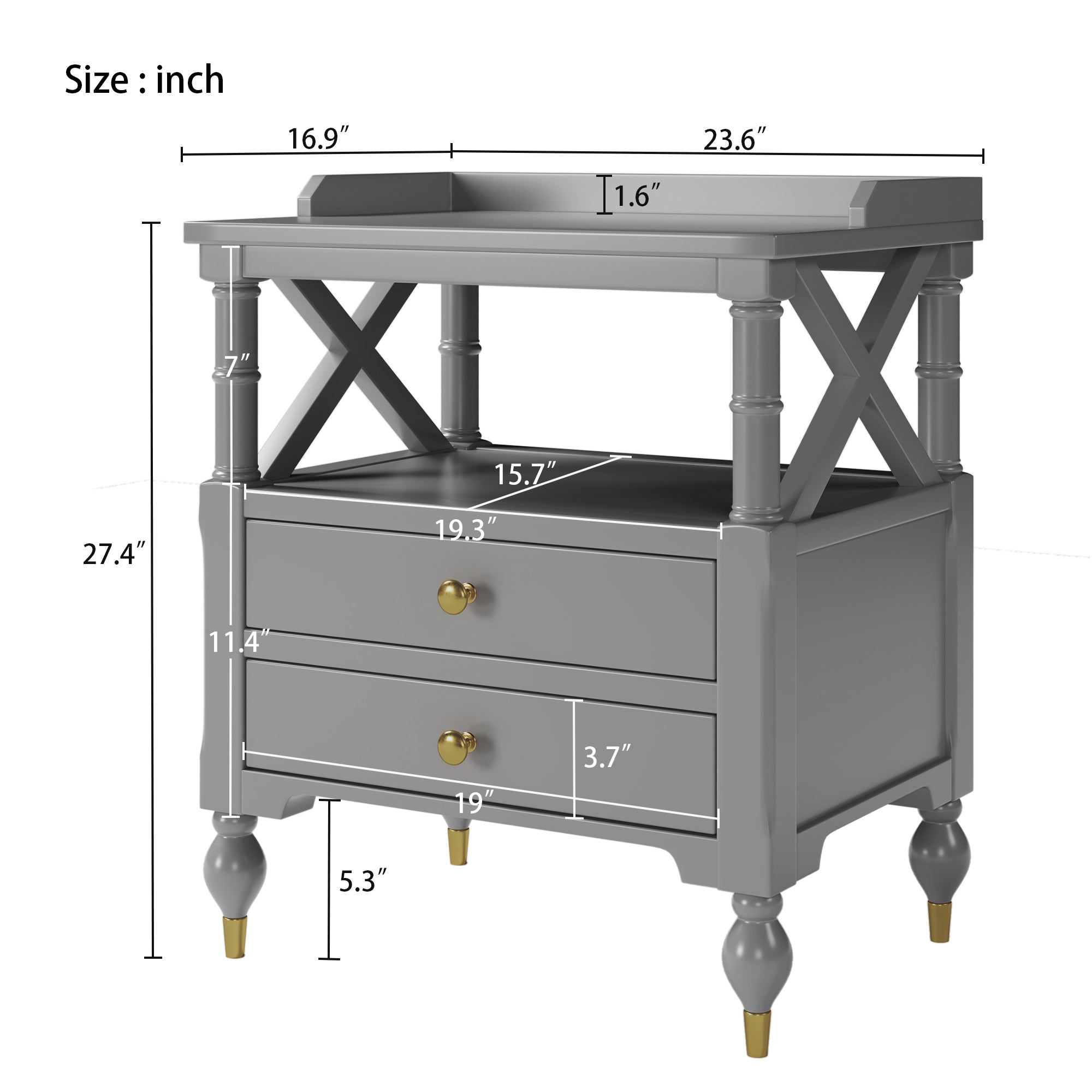 2-Drawer Solid Wood Nightstand with Open Shlef
