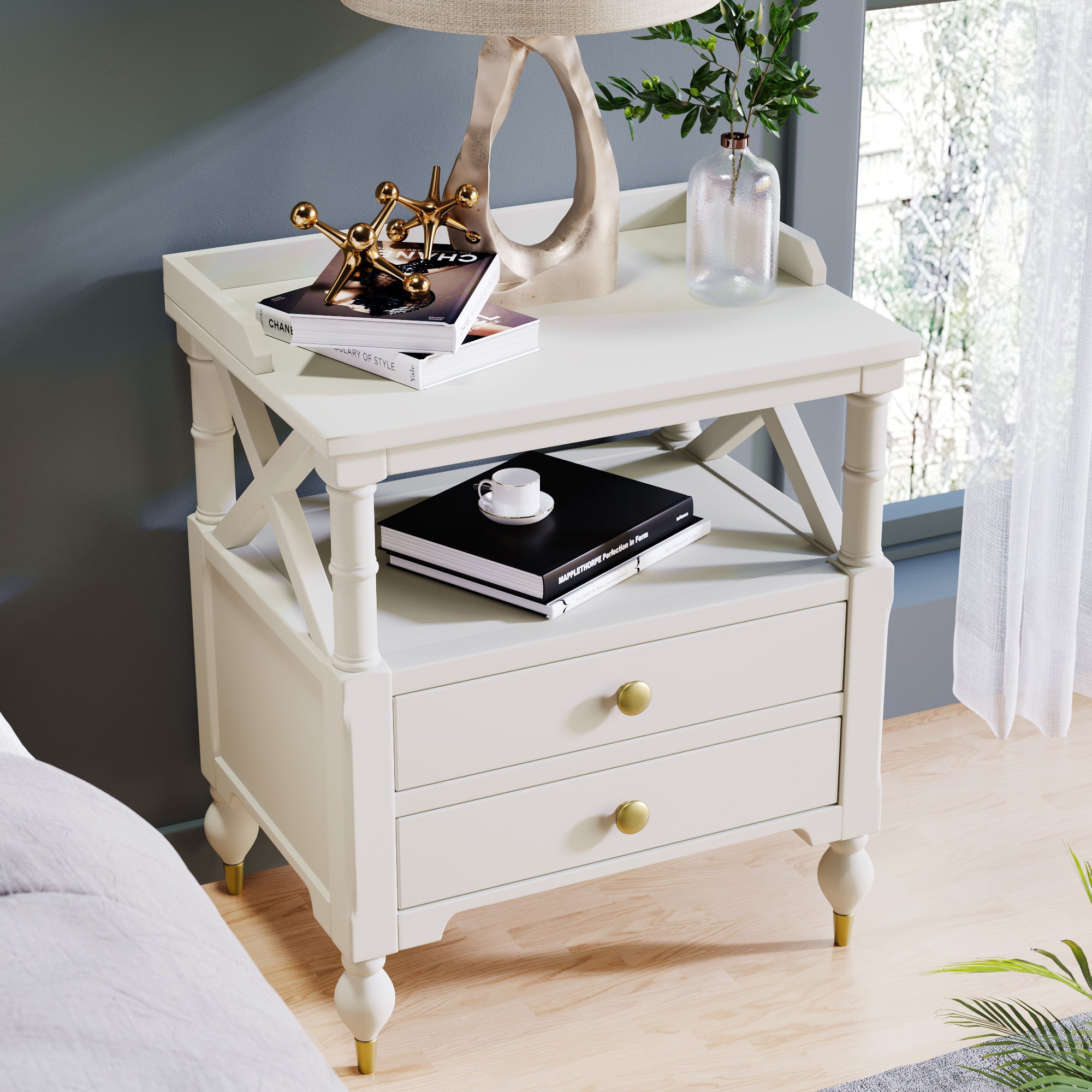 2-Drawer Solid Wood Nightstand with Open Shlef