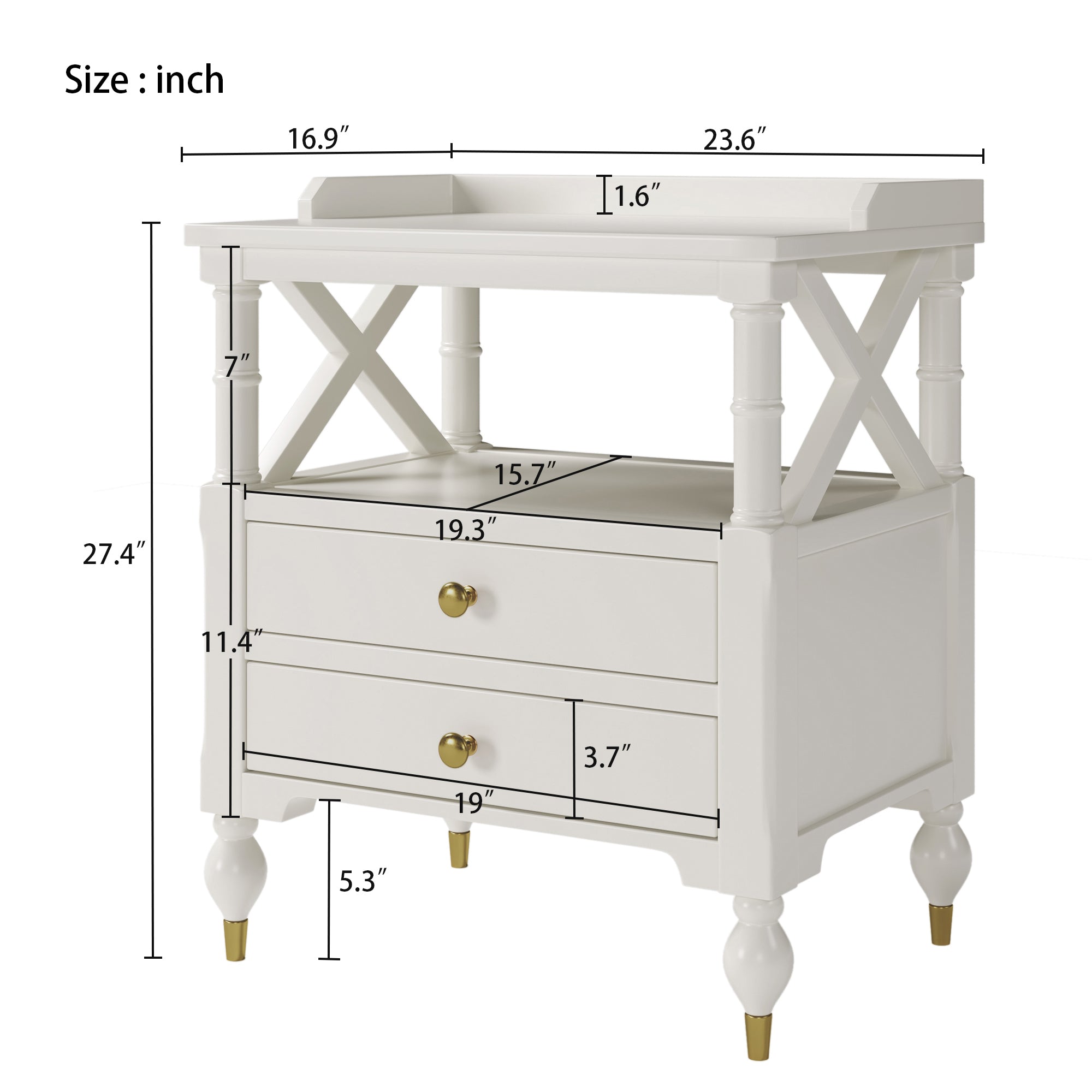 2-Drawer Solid Wood Nightstand with Open Shlef