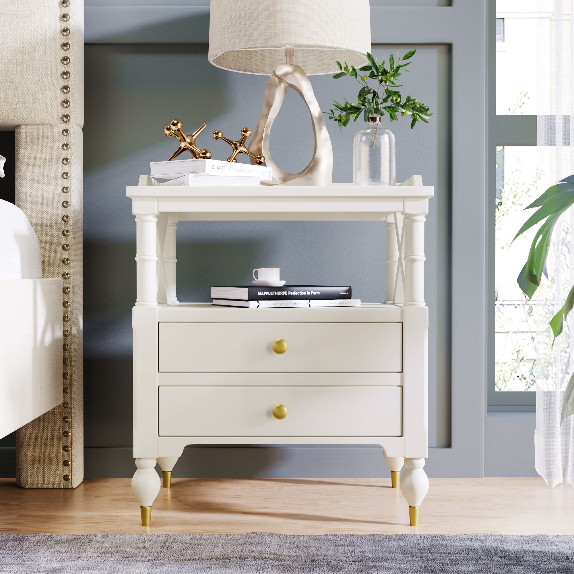 2-Drawer Solid Wood Nightstand with Open Shlef