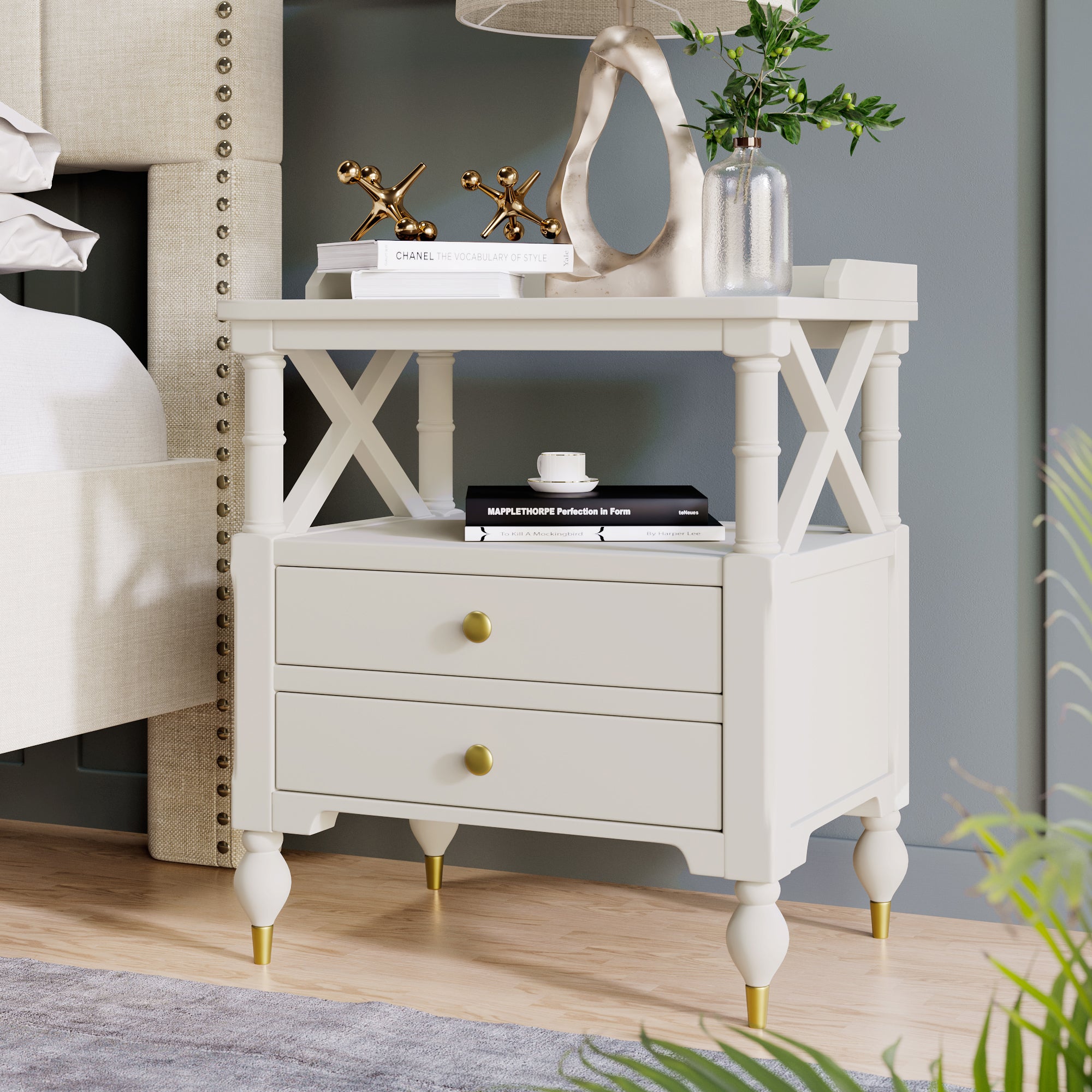 2-Drawer Solid Wood Nightstand with Open Shlef
