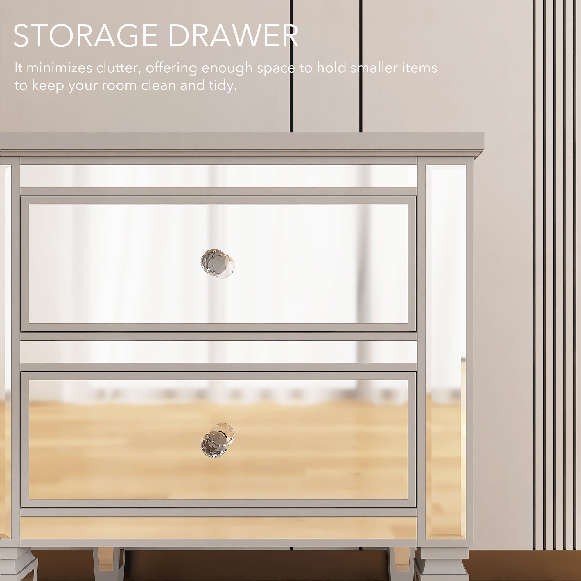 2-Drawer Mirrored Nightstand in Silver