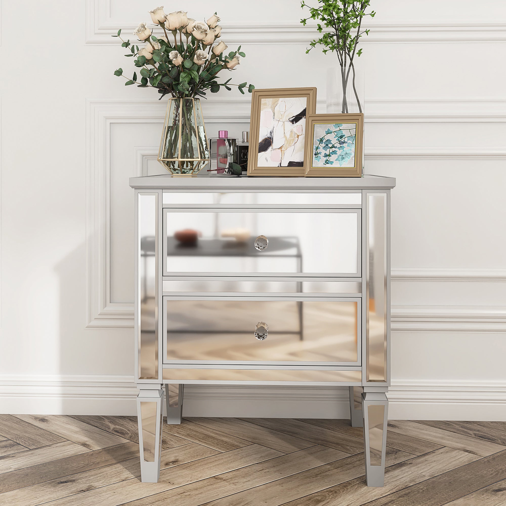 2-Drawer Mirrored Nightstand in Silver