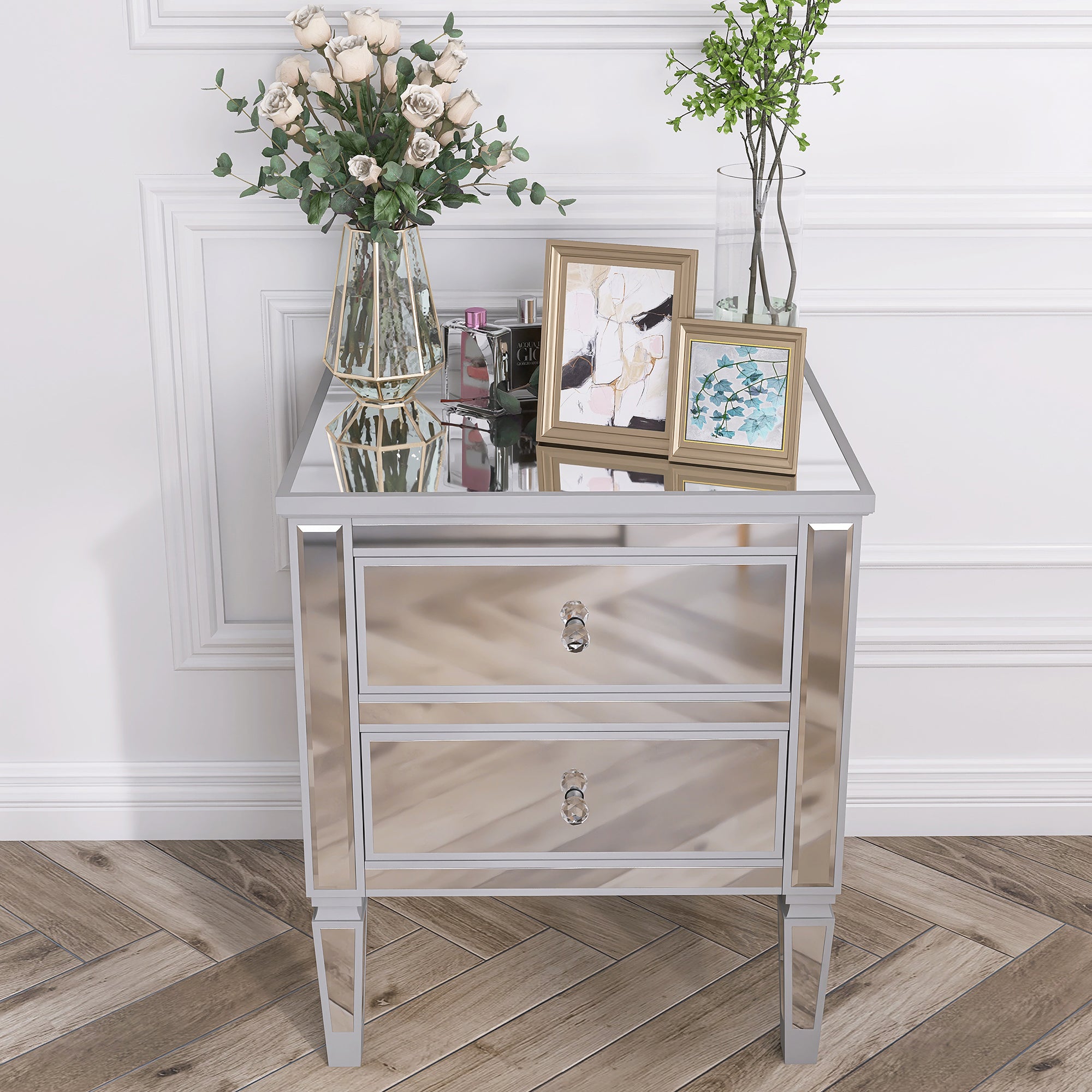 2-Drawer Mirrored Nightstand in Silver