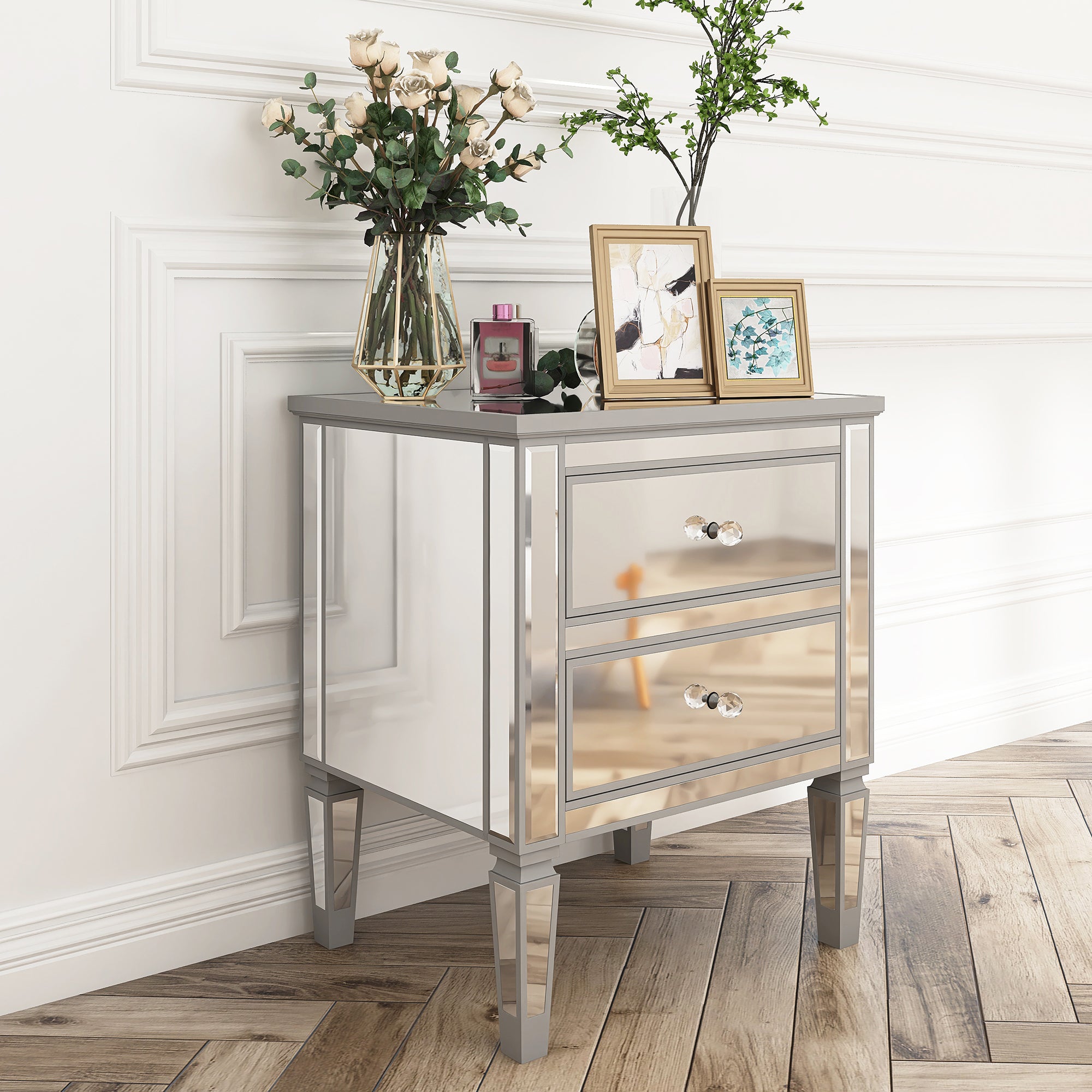 2-Drawer Mirrored Nightstand in Silver