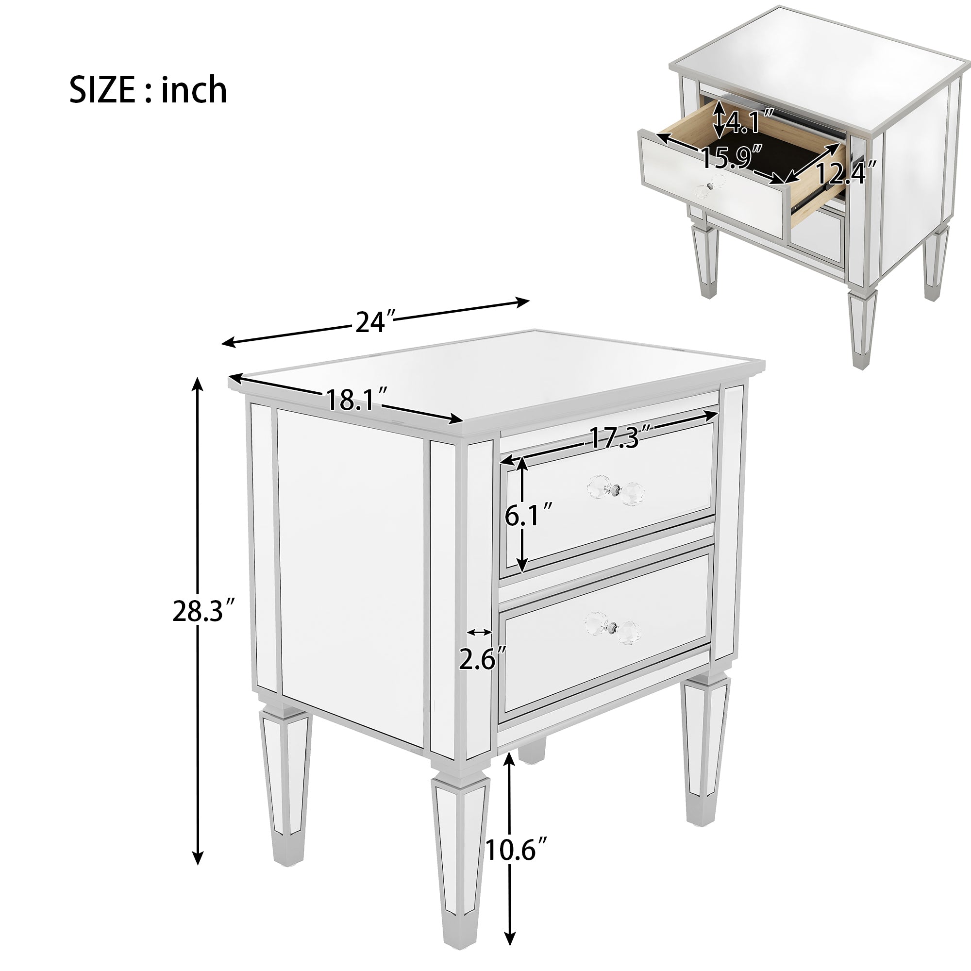 2-Drawer Mirrored Nightstand in Silver