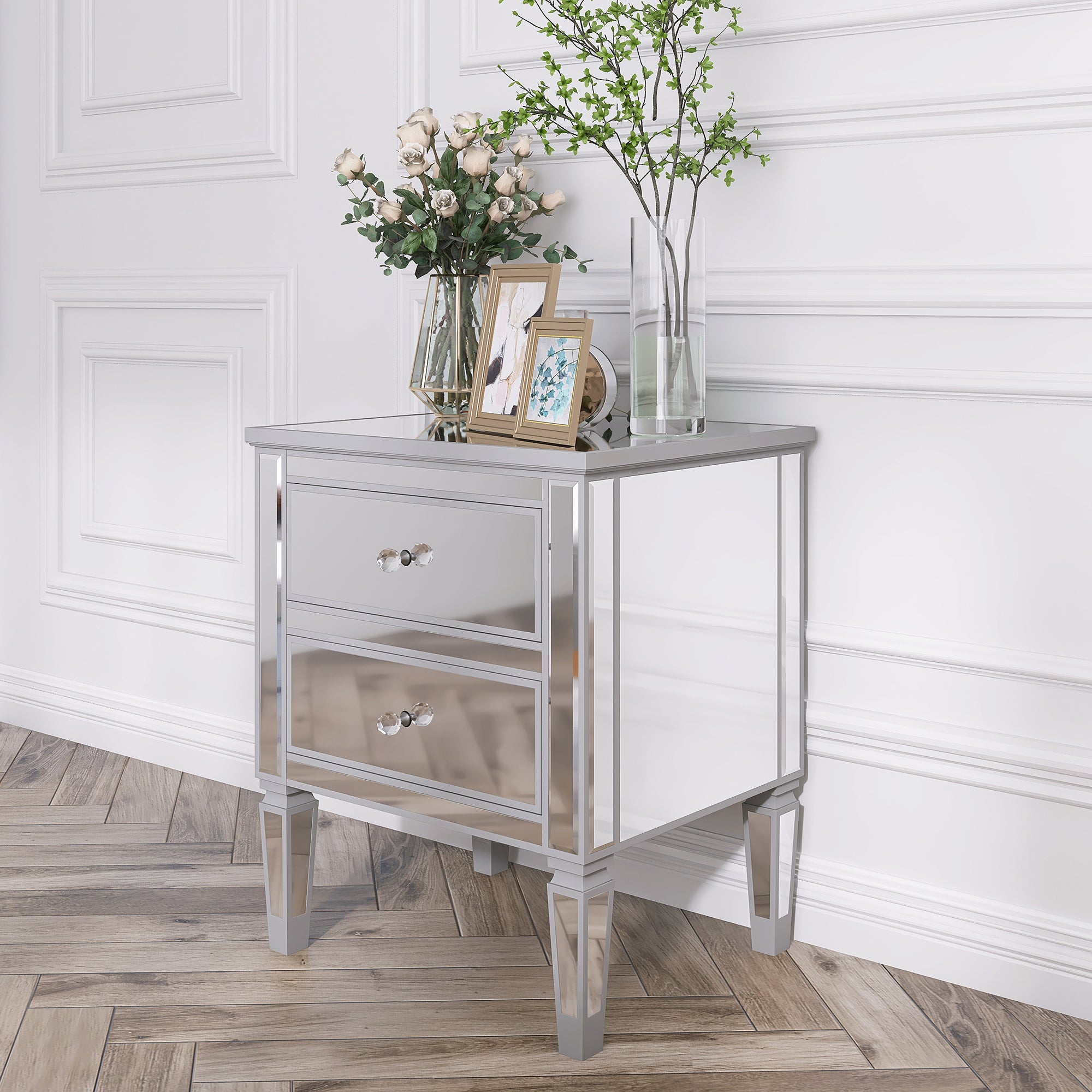 2-Drawer Mirrored Nightstand in Silver