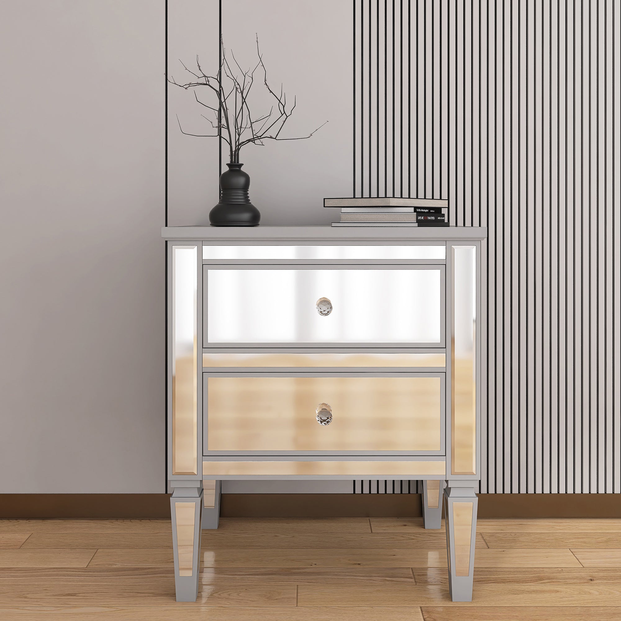 2-Drawer Mirrored Nightstand in Silver