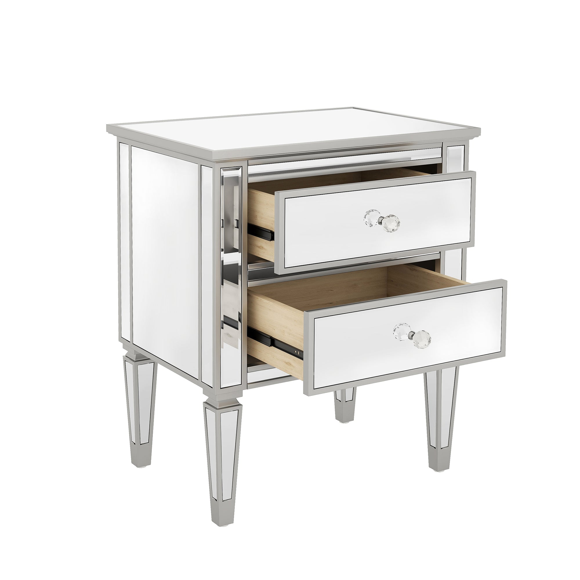 2-Drawer Mirrored Nightstand in Silver