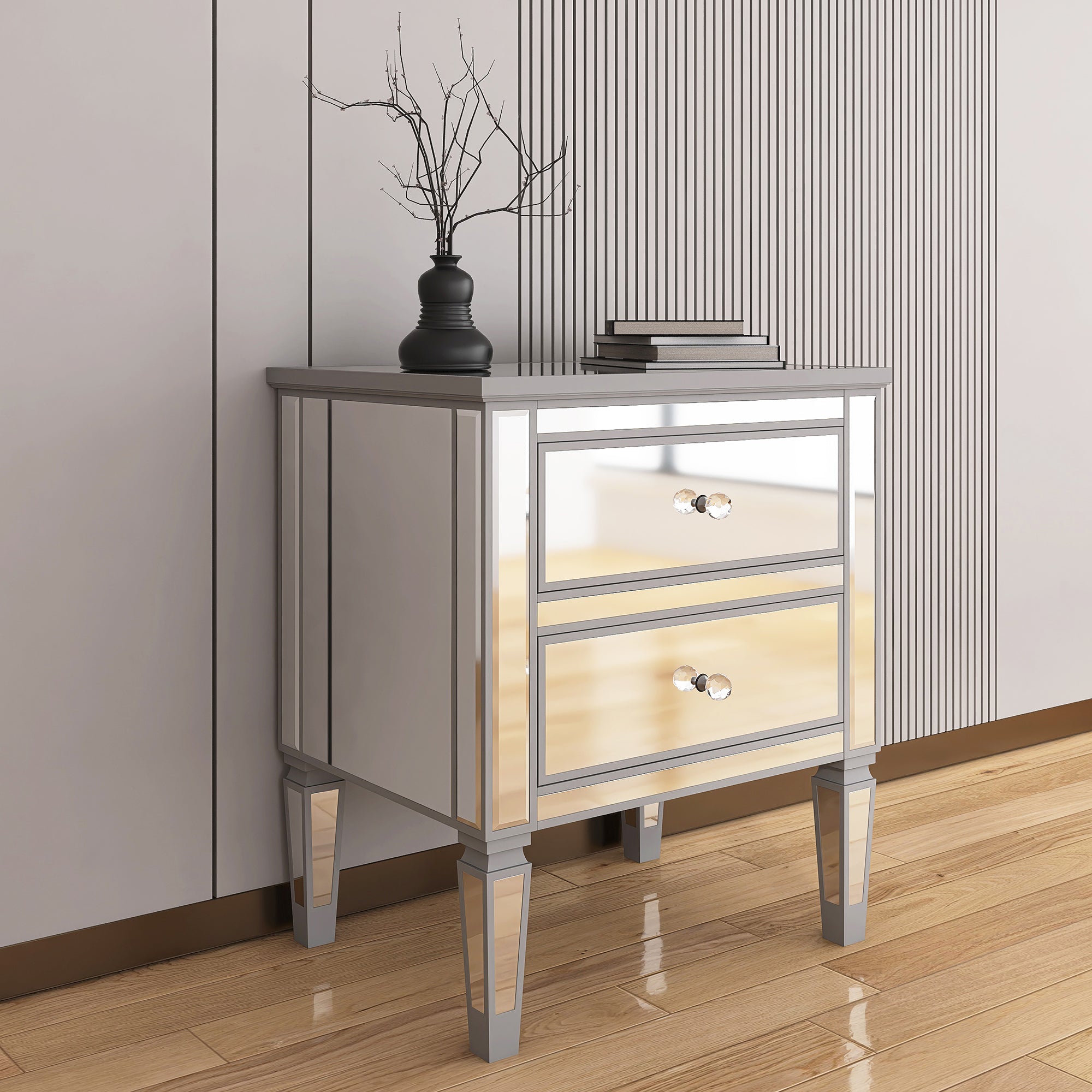 2-Drawer Mirrored Nightstand in Silver