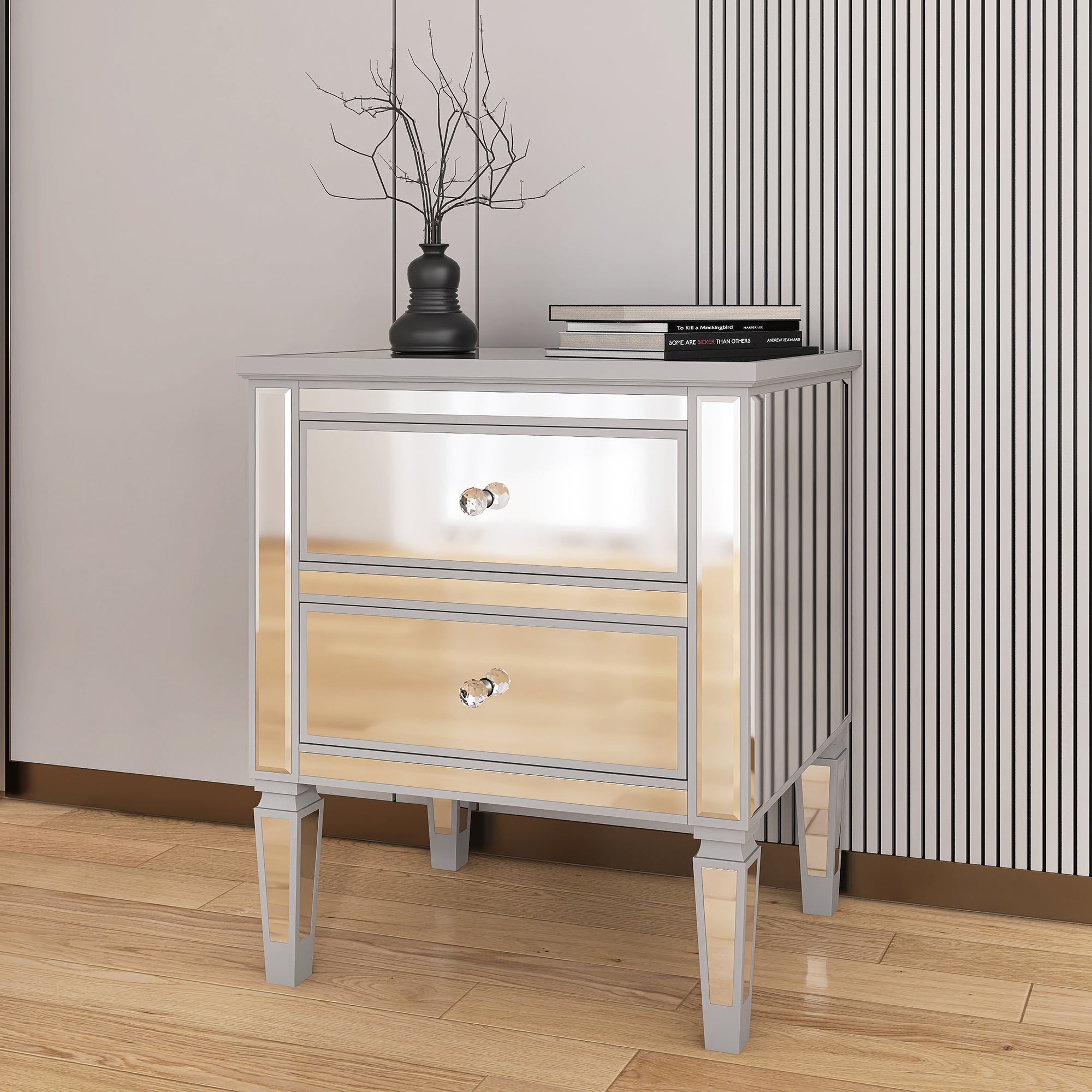 2-Drawer Mirrored Nightstand in Silver
