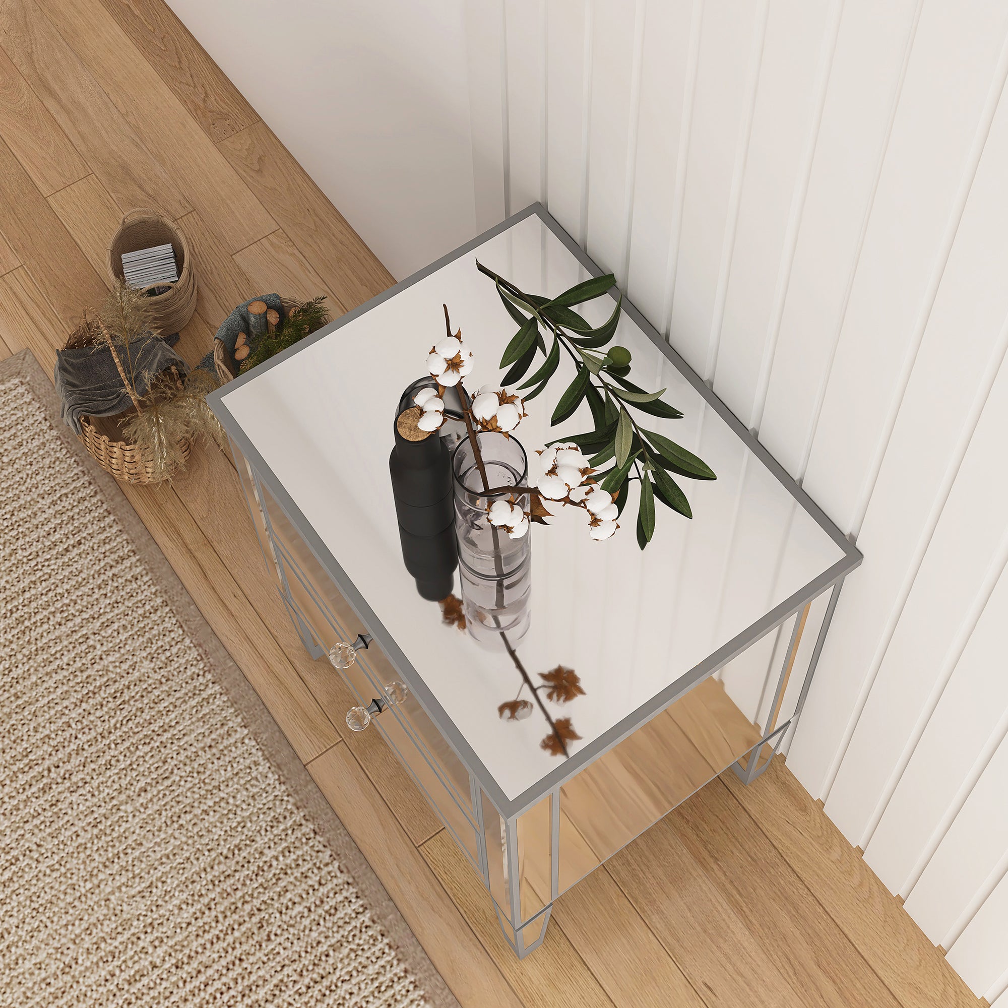 2-Drawer Mirrored Nightstand in Silver