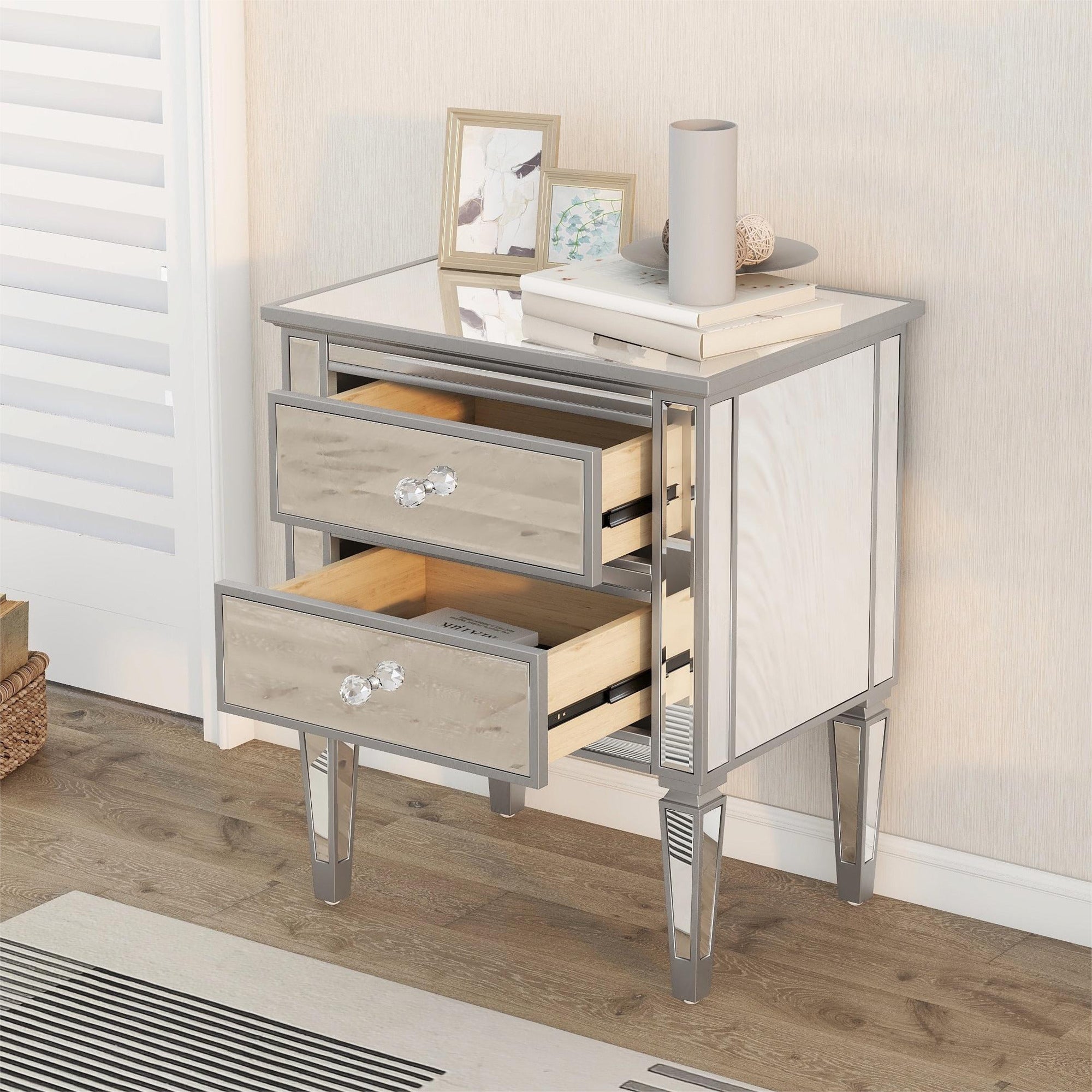 2-Drawer Mirrored Nightstand in Silver