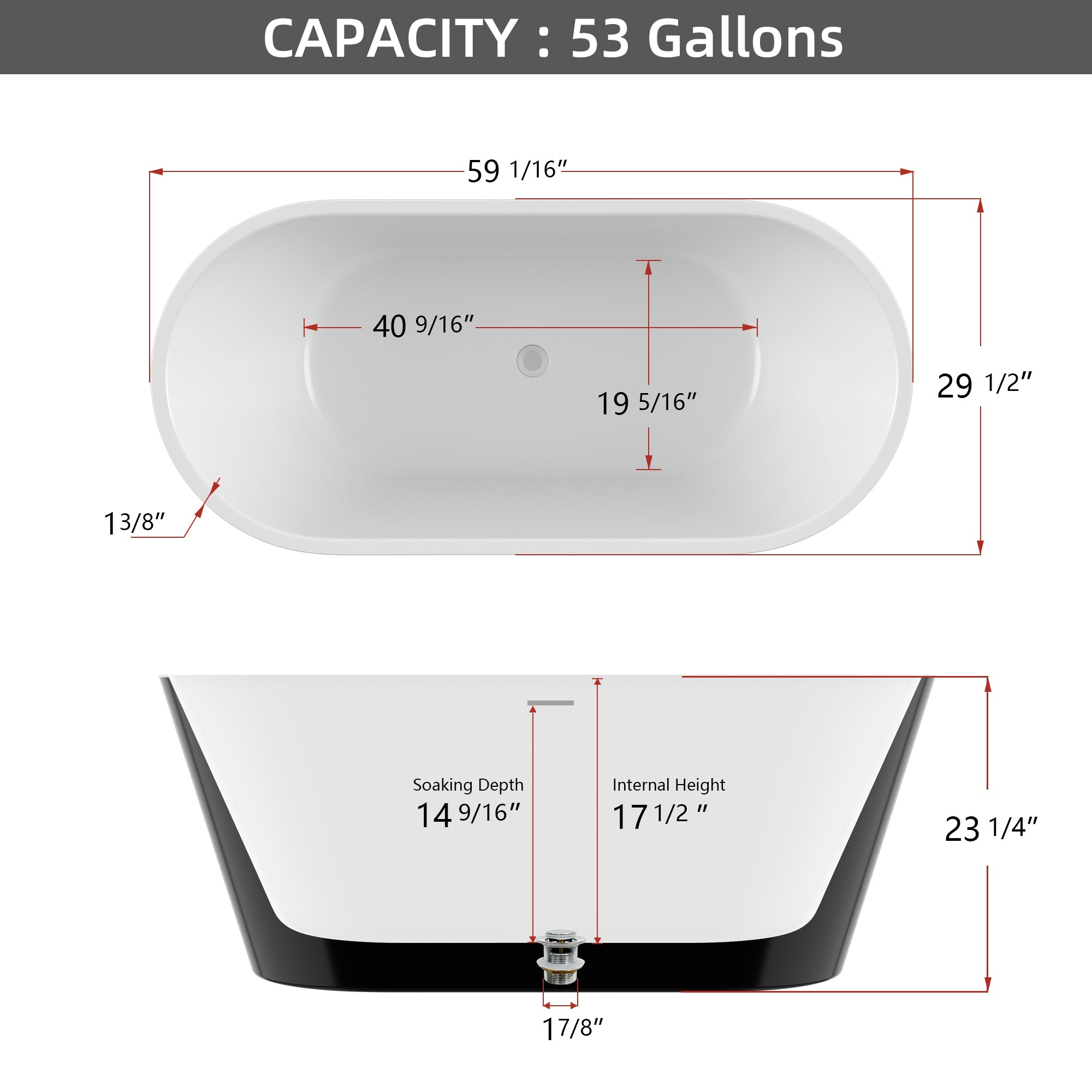 59 in. Acrylic Flatbottom Non-Whirlpool Soaking Bathtub