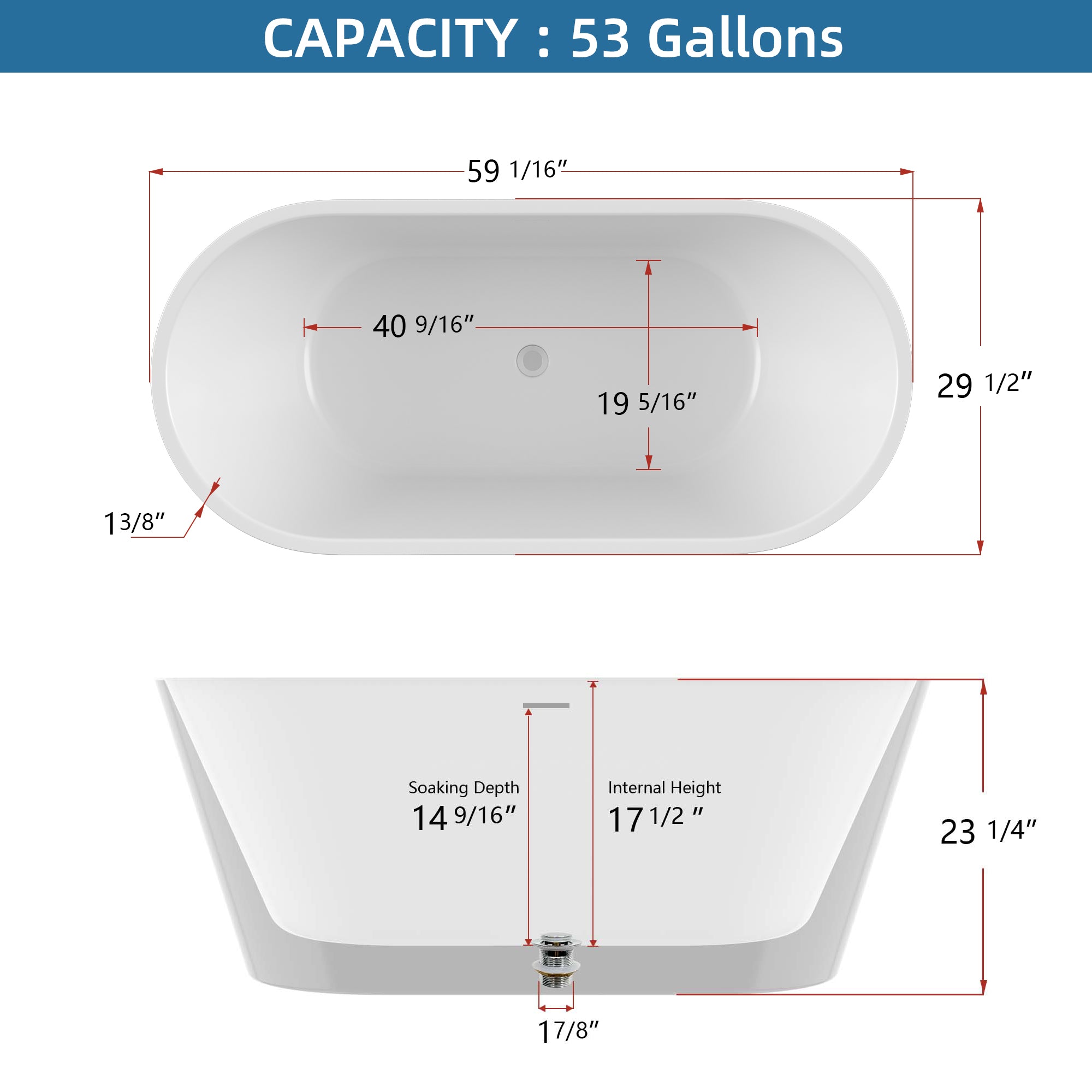 59 in. Acrylic Flatbottom Non-Whirlpool Soaking Bathtub