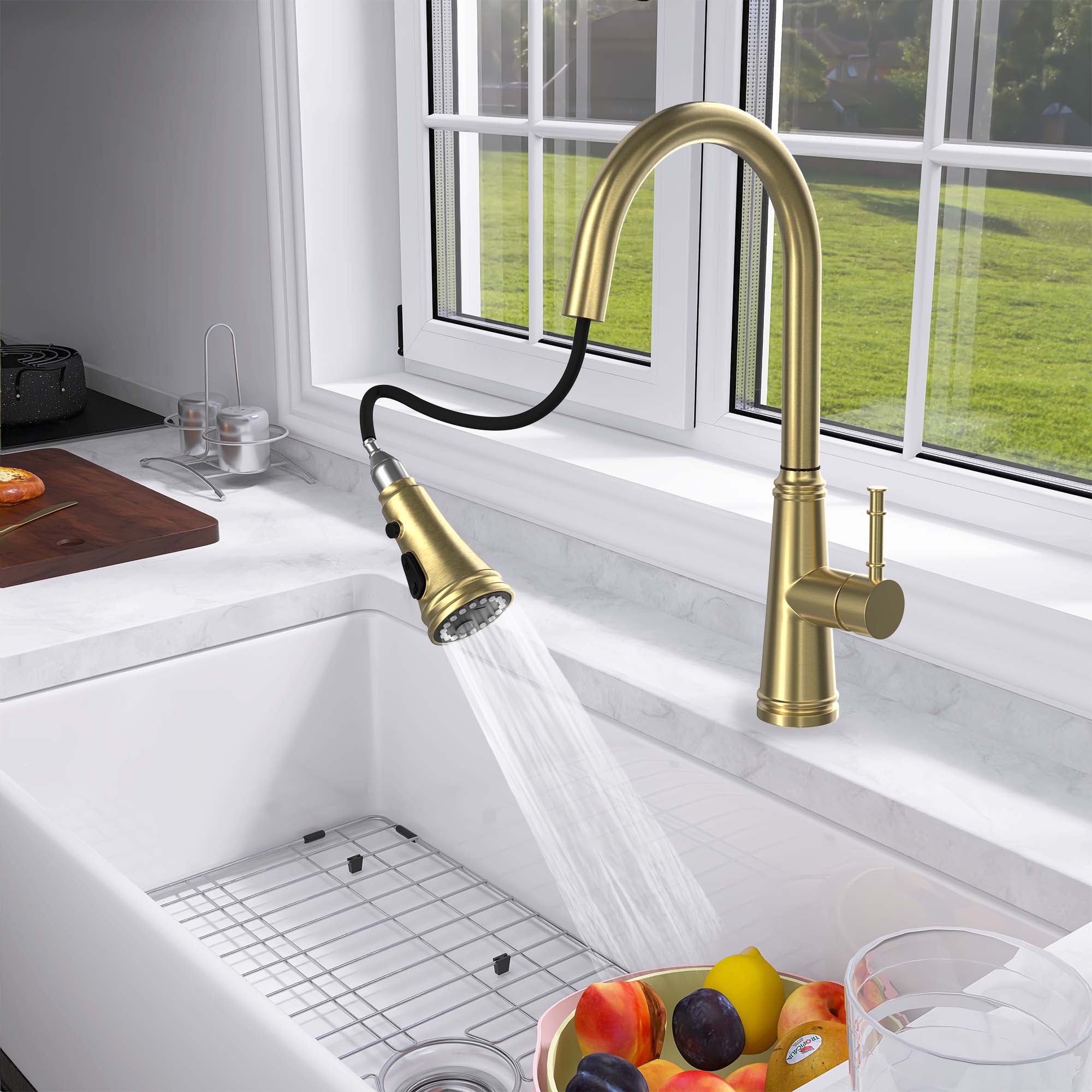 Single Handle Deck Mounted High Arc Stainless Steel Kitchen Faucet with Pull Out Spray