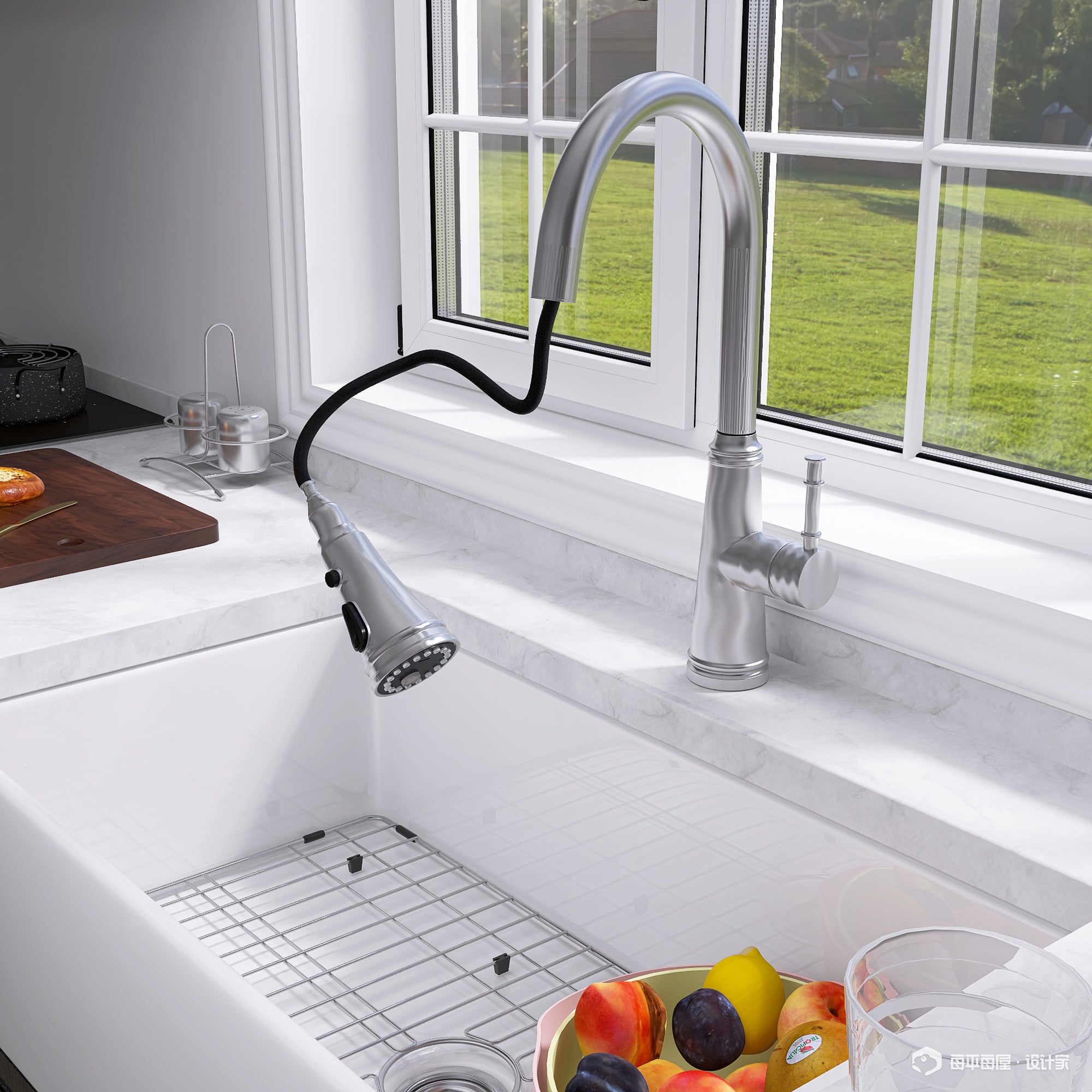 Single Handle Deck Mounted High Arc Stainless Steel Kitchen Faucet with Pull Out Spray