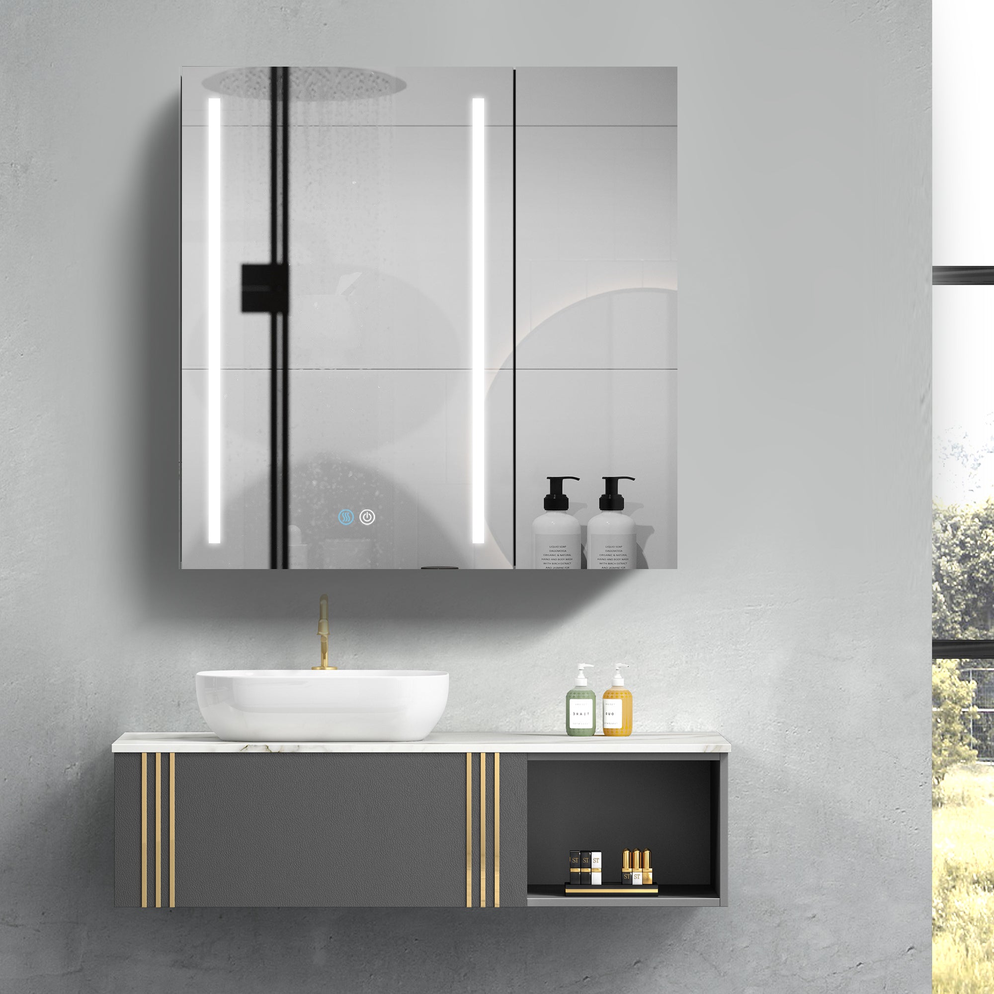 30" Square Black Aluminum Surface Mount Medicine Cabinet with Mirror