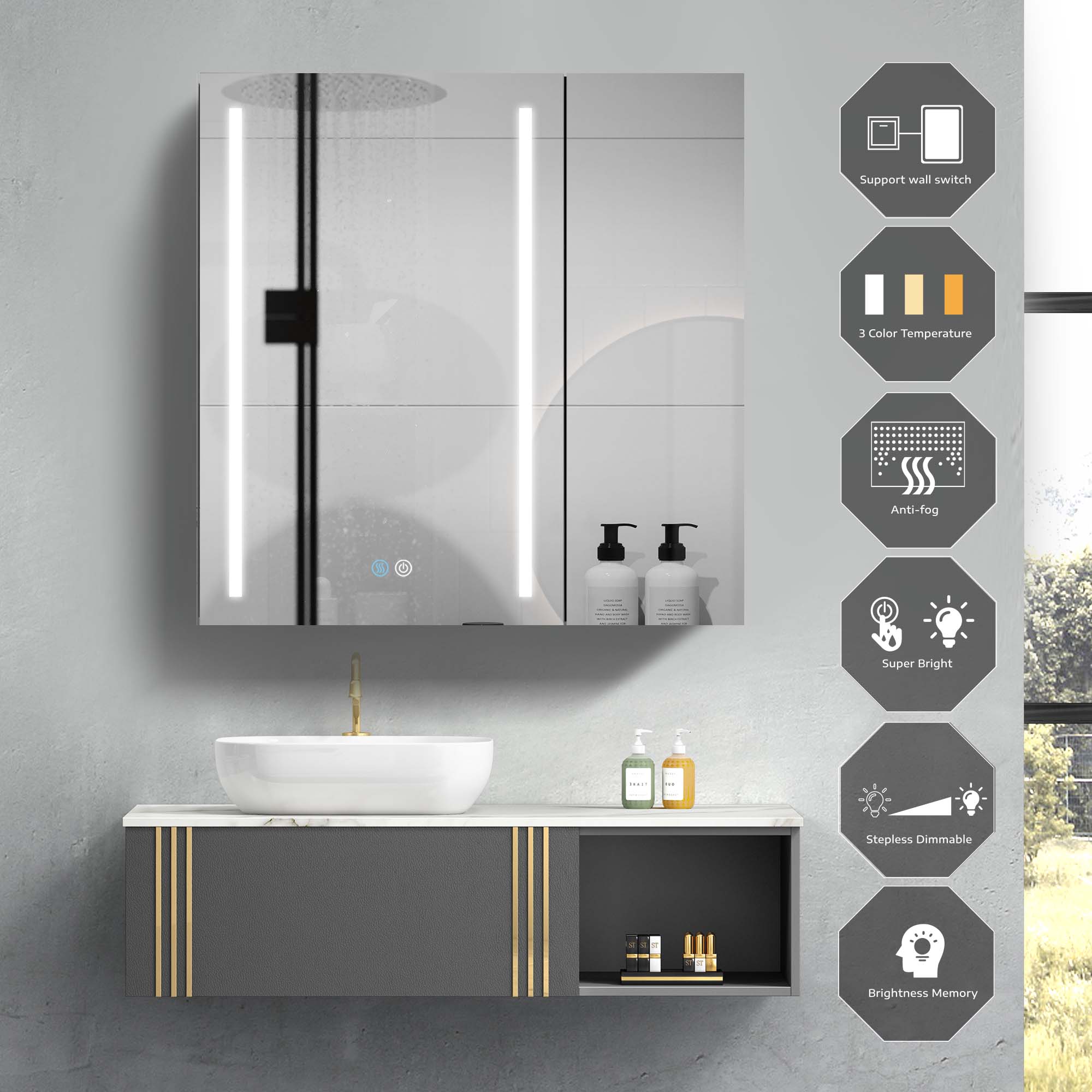 30" Square Black Aluminum Surface Mount Medicine Cabinet with Mirror