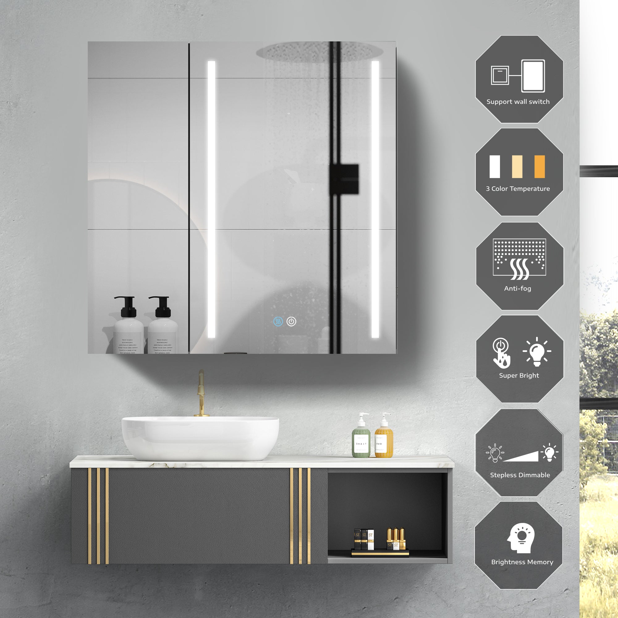 30" Square Black Aluminum Surface Mount Medicine Cabinet with Mirror