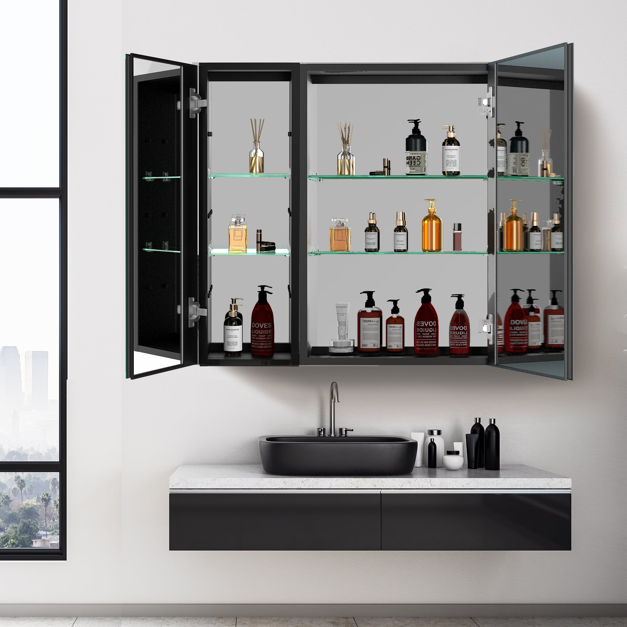 30" Square Black Aluminum Surface Mount Medicine Cabinet with Mirror