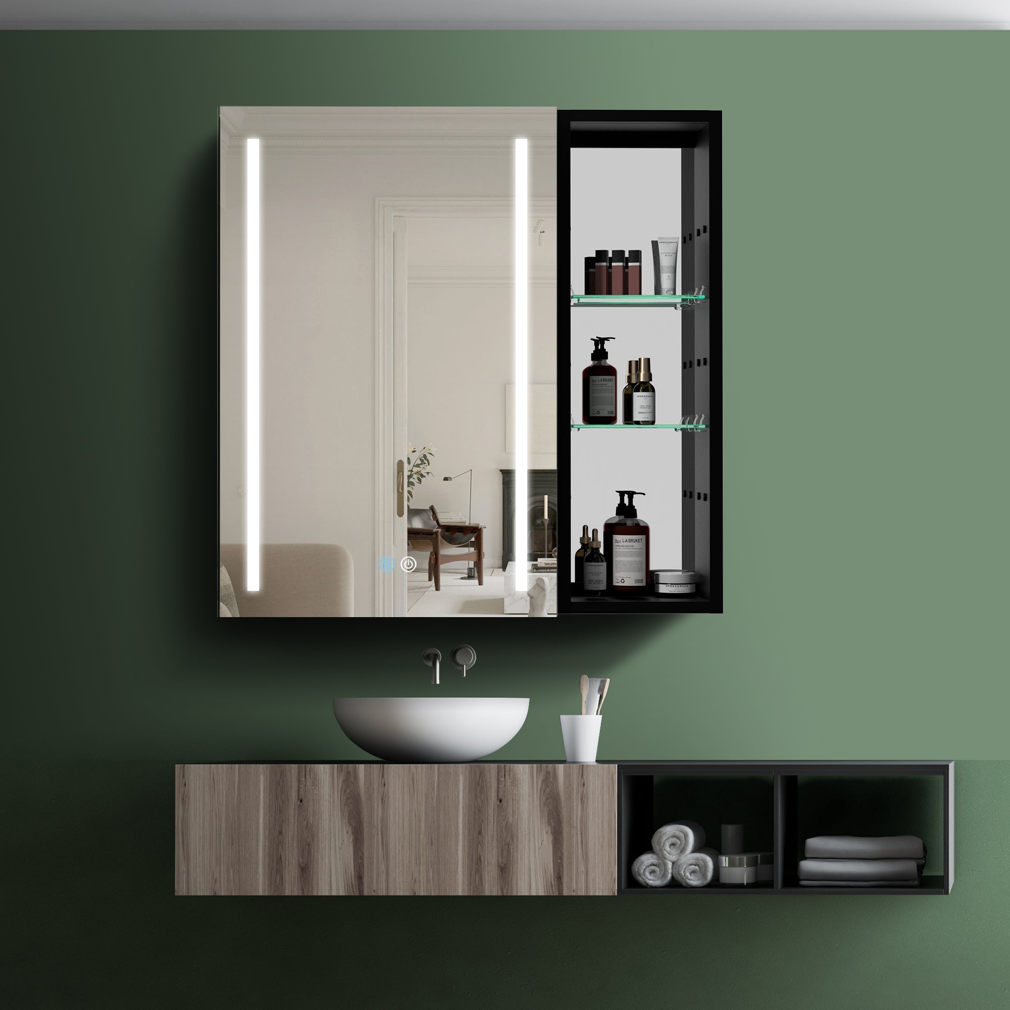 30" Square Black Aluminum Surface Mount Medicine Cabinet with Mirror and Open Shelves