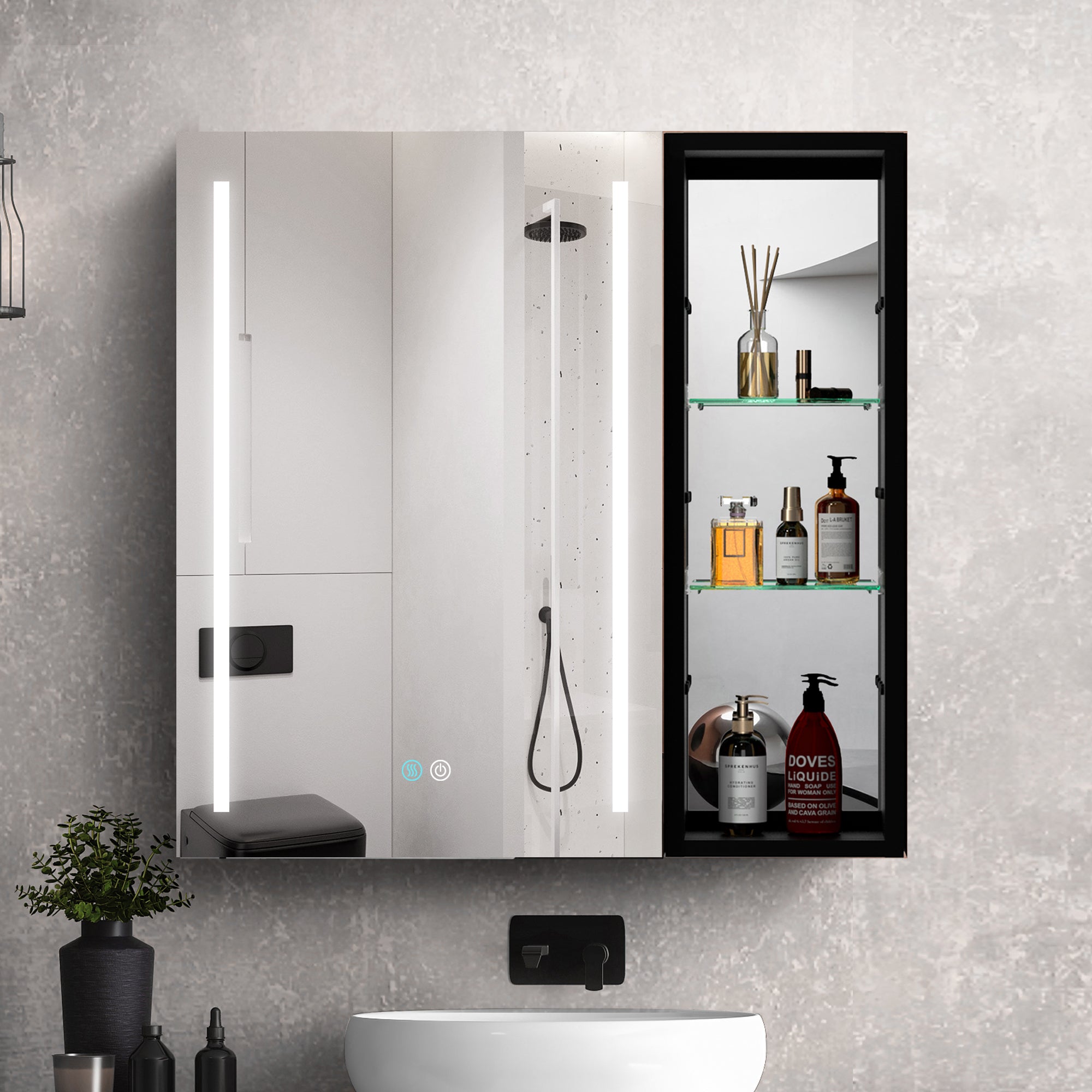 30" Square Black Aluminum Surface Mount Medicine Cabinet with Mirror and Open Shelves