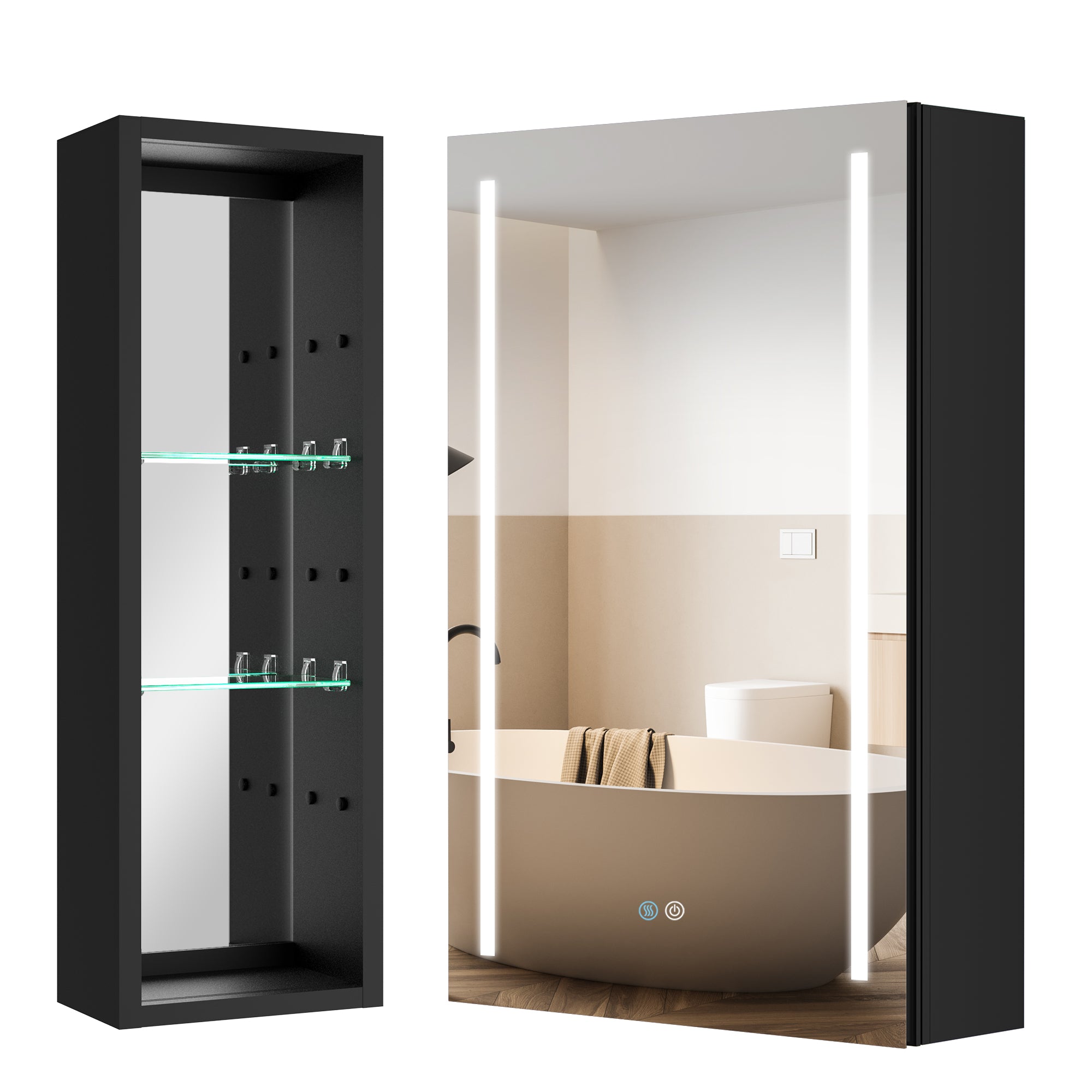 30" Square Black Aluminum Surface Mount Medicine Cabinet with Mirror and Open Shelves