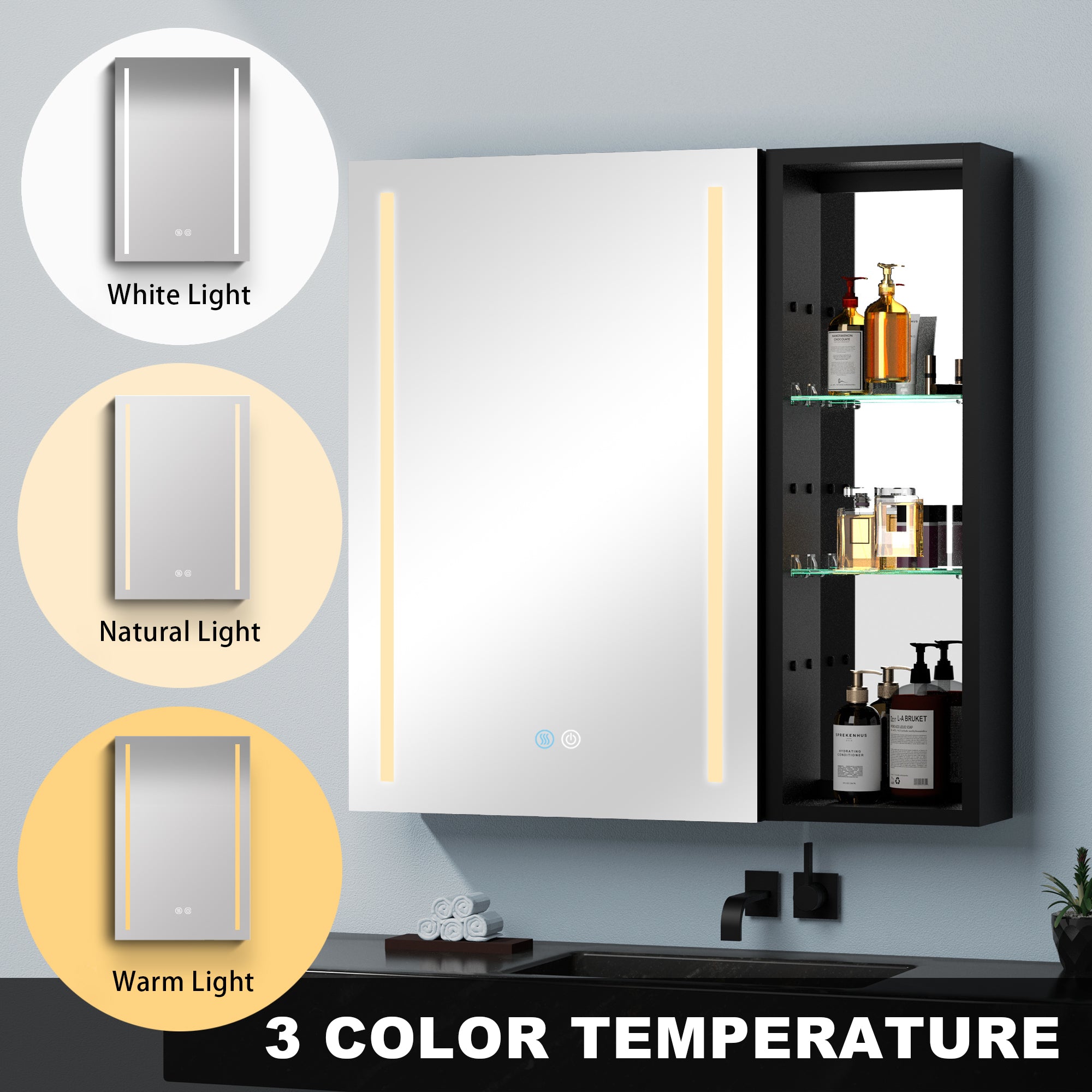 30" Square Black Aluminum Surface Mount Medicine Cabinet with Mirror and Open Shelves