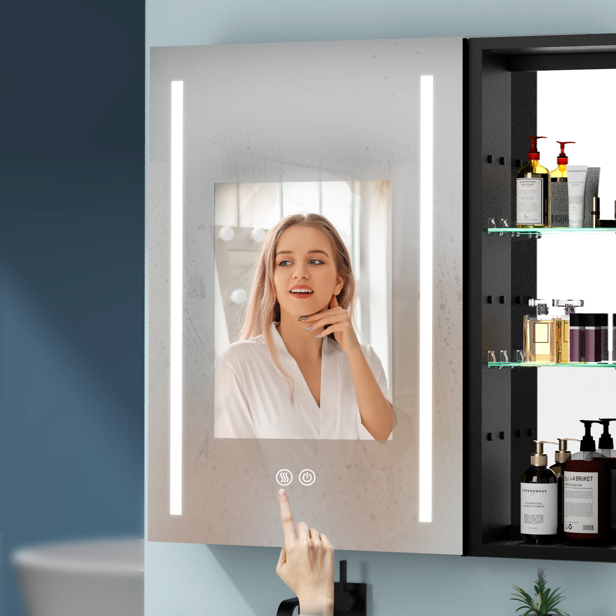 30" Square Black Aluminum Surface Mount Medicine Cabinet with Mirror and Open Shelves