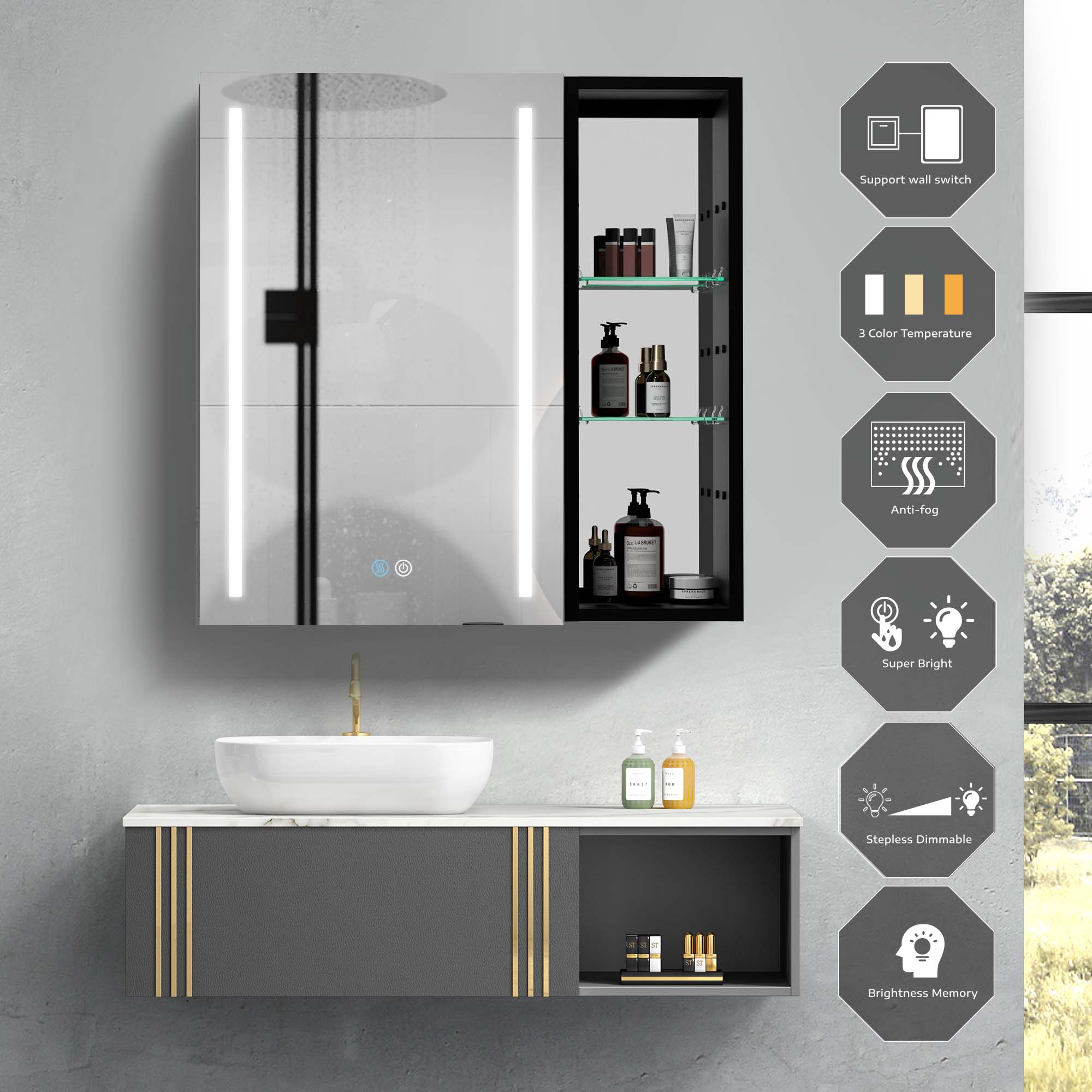 30" Square Black Aluminum Surface Mount Medicine Cabinet with Mirror and Open Shelves